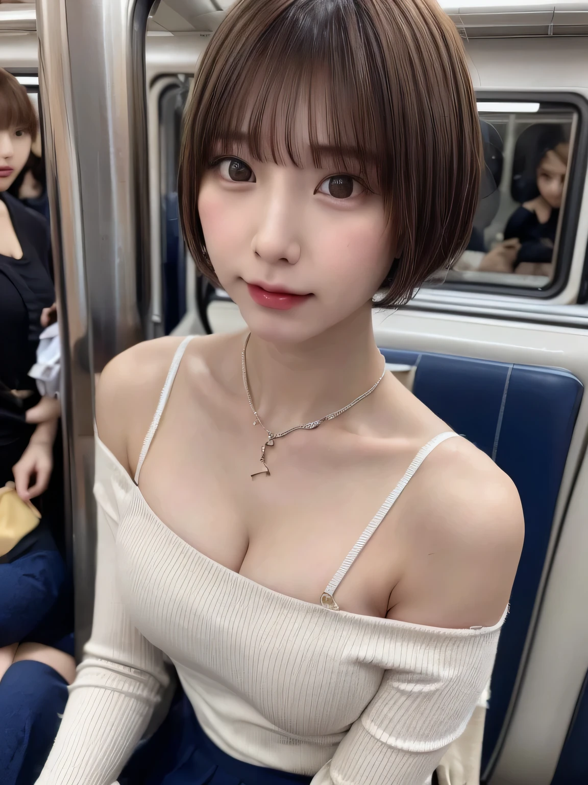 highest quality))、(masterpiece:1.4)、Raw photo、8K、((best image quality))、 ((highest resolution))、ultra fine photo、delicate face、Beautiful face in every detail、very detailed、(one woman:1.3)、realistic、(cute woman:1.3)、(short hair、disappoint one&#39;bangs)、(Beautiful woman)、(small face:1.3)、((long neck))、(white off shoulder、necklace、bracelet、navy miniskirt)、(big breasts:1.5)、((crowded train))、(emphasize cleavage)、((I can see the whole body))、(Angle from above)、