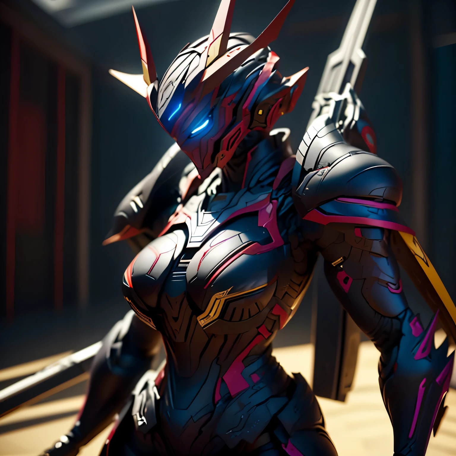 (OBRA MAESTRA PERFECTA), detalles realistas, high resolution, impresionante logo en la parte inferior. Armadura de referencias de Berserk, referencia de gantz. Chica mecha sexy con tetas redondas, cuerpo sexy. grande scifi rifle in one hand. Blue eyes, tiro de cuerpo completo, pose sexy. culo redondo, cintura delgada, dedo de camello, grande , detalles en negro y morado oscuro