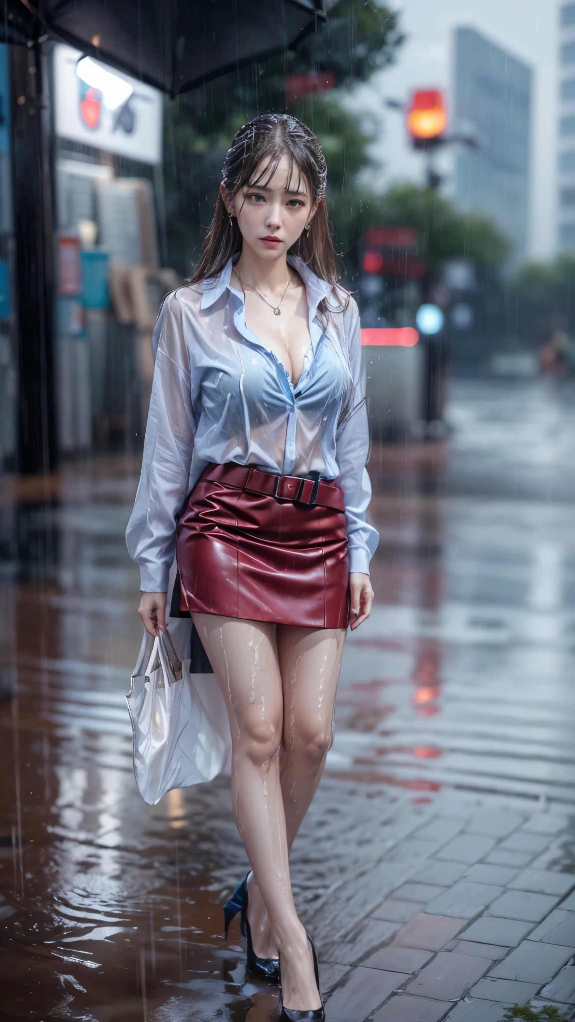 (RAW shooting, Photoreal:1.5, 8K, highest quality, masterpiece, ultra high resolution), perfect dynamic composition:1.2, Night street corner of a modern city, cry with a broken heart:0.5, (((Typhoon heavy rain))), Highly detailed skin and facial textures:1.2, Slim office lady wet in the rain:1.3, Fair skin:1.2, sexy beauty:1.1, perfect style:1.2, beautiful and aesthetic:1.1, very beautiful face:1.2, water droplets on the skin, (rain drips all over my body:1.2, wet body:1.2, wet hair:1.3, Wet tight skirt:1.2, wet office lady uniform:1.3), belt, (Medium chest, Bra is sheer, Chest gap), (expression of sadness, The expression on your face when you feel intense caress, Facial expression when feeling pleasure), (beautiful blue eyes, Eyes that feel beautiful eros:0.8), (Too erotic:0.9, Bewitching:0.9), cowboy shot, Shoulder bag, necklace, earrings, bracelet, clock