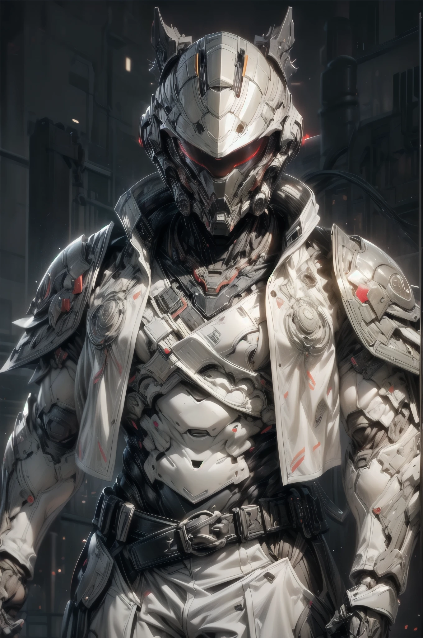 (((epic and visually stunning complex digital anime masterpiece:1.6, elegant decorated tactical military cyborg:1.3, ((gorgeous feminine male physique:1.3, graceful:1.4)) space soldier:1.3))), (((heavily muscled masculine chest:1.4, chiseled abs:1.4, heavily toned:1.4, slim yet muscular:1.3))), (((complex and beautiful:1.3, tactical:1.3, stunning scifi fantasy style:1.5, beautiful scifi style mechanical helmet:1.5, polarized visor:1.5))), (((elegant tactical double breasted trench coat:1.5, sleek exoskeleton:1.3))), (((form fitted armor plating:1.3, super sleek sensually revealing under suit:1.5, waist and thighs exposed:1.5)), ((flamboyant feminine essence:1.4, heavy mechanical gothic aesthetic:1.4)), ((androgynous body build)), (((toned yet heavily muscled gorgeous femboy physique:1.4, gorgeous perfectly defined muscles:1.4, toned sleek mechanical arms and legs:1.4, thick well rounded thighs:1.5, mechanical muscles))), ((((depth of field, cinematic lighting, chromatic aberration, ray tracing, UHD, masterpiece, top of head covered, super detail, high details, high quality, award winning, 8k, highres)))):1.6, (((dieselpunk, decopunk, artificial muscle))):1.6, (((beautifully engraved artdeco scifi style design:1.4, red and white armor:1.4)))