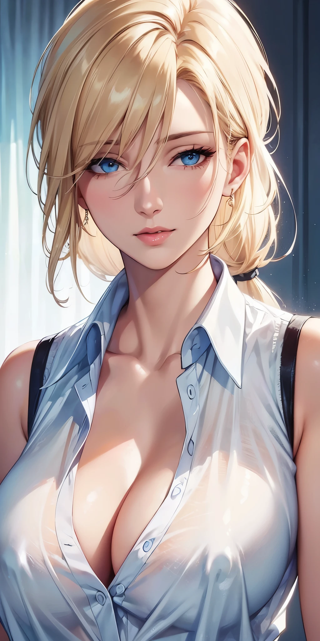(best quality, highres, realistic), portrait, elegant mature woman, blue eyes,blonde hair, big breast, transparent shirt, see through nipple, ultra detailed cg 8k, beautiful cg, soft light