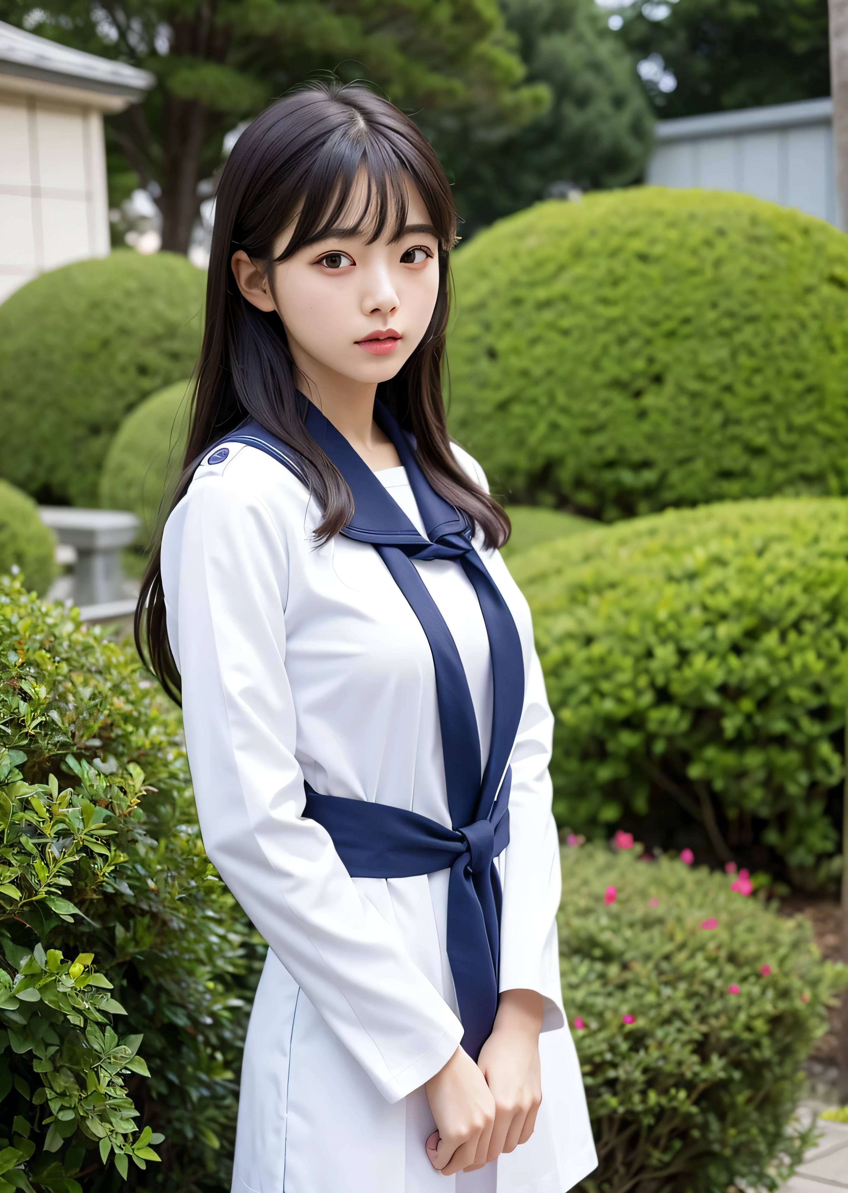 写真のポーズをとる船乗りの服を着た女性 loose coat collar sailor suit, sailor suit, Japanese girl , wearing Japanese , Japanese , sakimichan, JK uniform, girl in uniform, seifuku, sakimi chan, sailor suit, korean girl, smooth white tight clothing suit, female sailor suit, Navy Ribbon,sunny day,nature background,beautiful hair,