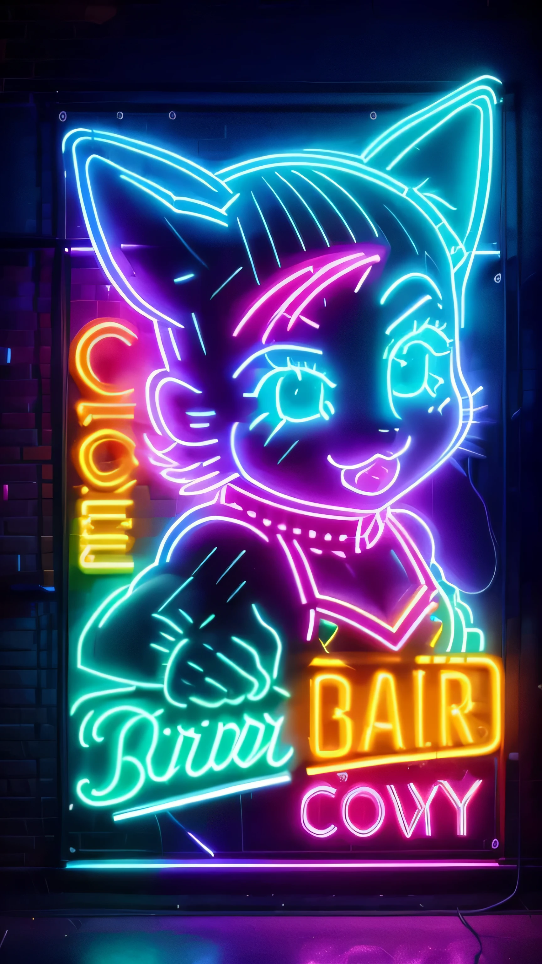 chat de bar: d shaped cat head&#39;Neon sign. Signe vibrant, Bay window of the lively bar, rue animée de la ville, vie nocturne urbaine, Couleurs vives, Energetic ambience, paysage urbain moderne, bright windows, vie nocturne animée, Lively crowd, Electrical power, une ambiance urbaine, bustling streets, Illuminated buildings, paysage urbain dynamique, lively activity, vie nocturne animée scene, ambiance vibrante et colorée, energetic nightlife, Glittering neon lights, rue animée de la villes, signes lumineux, nuit animée en ville, Dynamic urban scene, dazzling lights, vie nocturne animée de la ville, Modern metropolis. 