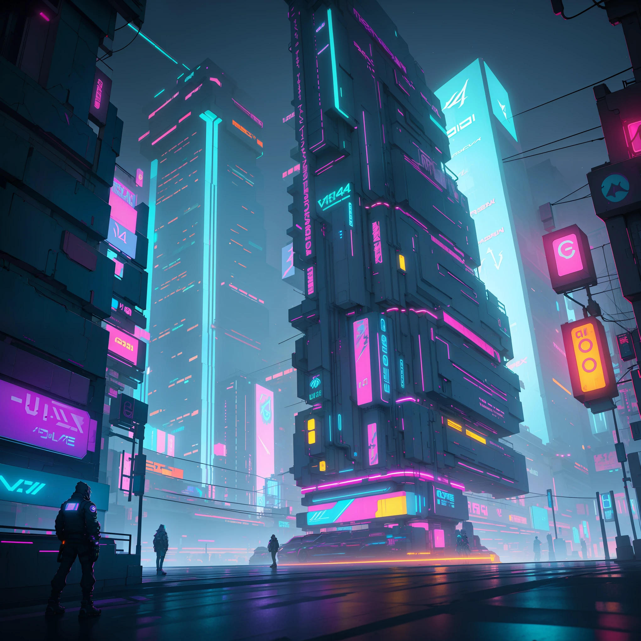  Cyberpunk cityscape, neon lights, futuristic architecture, symmetrical structures, wide-angle lens, neon signs, bustling streets, intricate details, digital art, Unreal Engine, C4D, Blender, high-rise buildings, interplay of light and shadow, vivid colors, studio lighting, ultra-detailed, HDR, professional, vibrant colors, bokeh