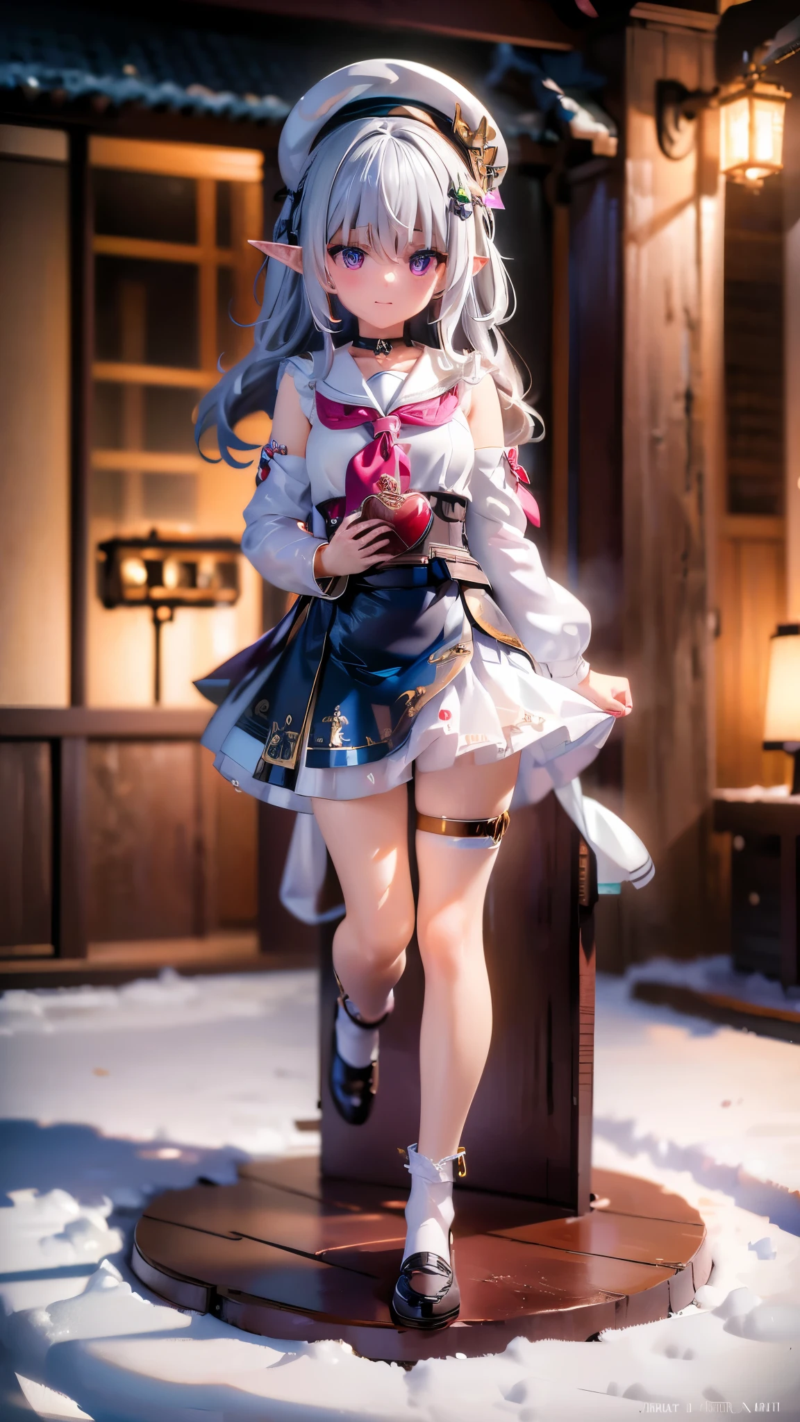 (best quality:1.2) (4k:1.) (highres:1.1) , (ultra detailed CG:1.1) ,
1girl elf , solo , (detailed face:1) , (silver wavy hair:1) , (small breasts:1) , holding heart chocolate , reaching , presenting heart package , (valentinesdaystyle:1) , (heart:1) , school uniform , sailor collar , long sleeves , scarf , (getabako:1) , (scenery:1) , (locker:1) , (school:1) , (tile floor:1) , (glass door:1) , embarrassed , upper body , 