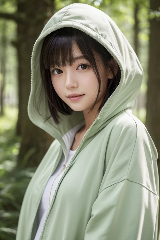 1 girl、Upper body、Close-up、laughter、、(8K、RAW photo、highest quality、masterpiece:1.2)、(realistic、photo realistic:1.37)、Delicate and detailed face、Japanese student、He is wearing a moss green windbreaker over a white sweatshirt.、(((best image quality))),small、fine skin, (beautiful hair), (perfection Anatomy), (realistic), (dynamic angle), seductive pose,perfection,sensual look、highest quality、High resolution、Fluffy shorthair、The background is a forest、