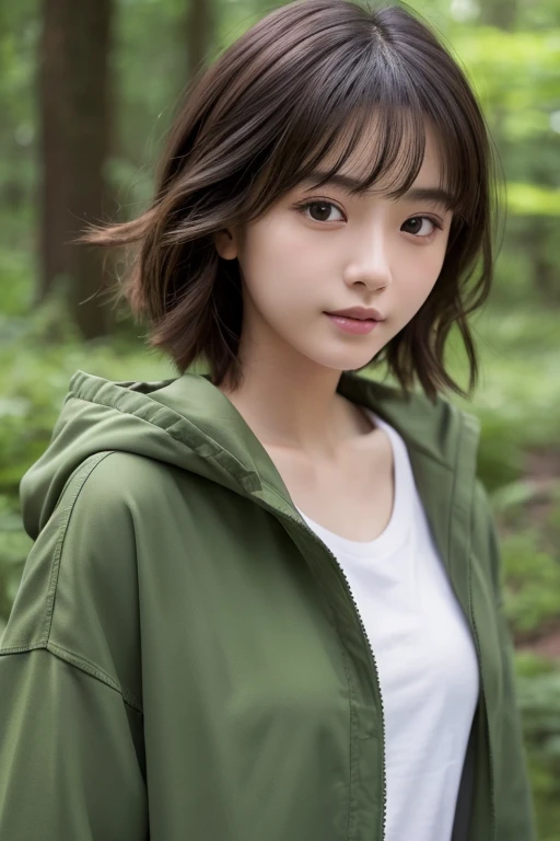 1 girl、Upper body、Close-up、laughter、、(8K、RAW photo、highest quality、masterpiece:1.2)、(realistic、photo realistic:1.37)、Delicate and detailed face、Japanese student、He is wearing a moss green windbreaker over a white sweatshirt.、(((best image quality))),small、fine skin, (beautiful hair), (perfection Anatomy), (realistic), (dynamic angle), seductive pose,perfection,sensual look、highest quality、High resolution、Fluffy shorthair、The background is a forest、