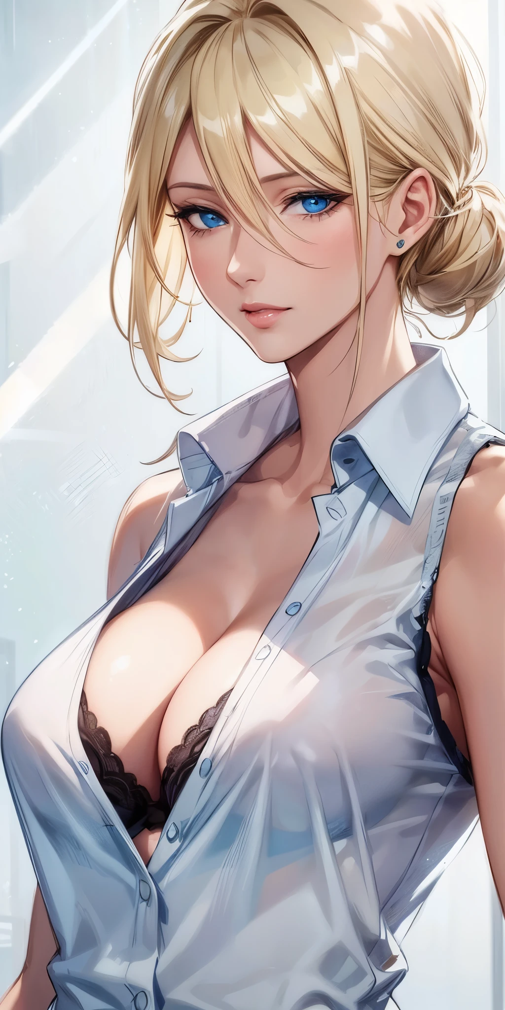 (best quality, highres, realistic), portrait, elegant mature woman, blue eyes,blonde hair, big breast, transparent shirt, ultra detailed cg 8k, beautiful cg, soft light