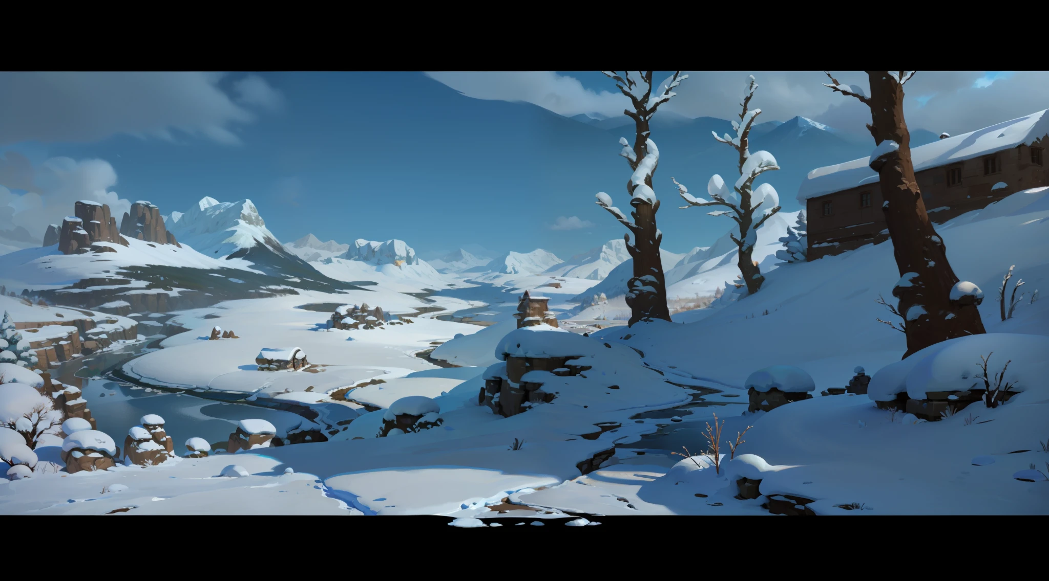 a close up of a snowy mountain with trees and rocks, snowy environment, painted as a game concept art, scenery game concept art, stylized concept art, winter concept art, snowy plains, 2 d game environment design, environment painting, background art, snow wasteland, environment and concept art, concept art. epic landscape, environment concept art