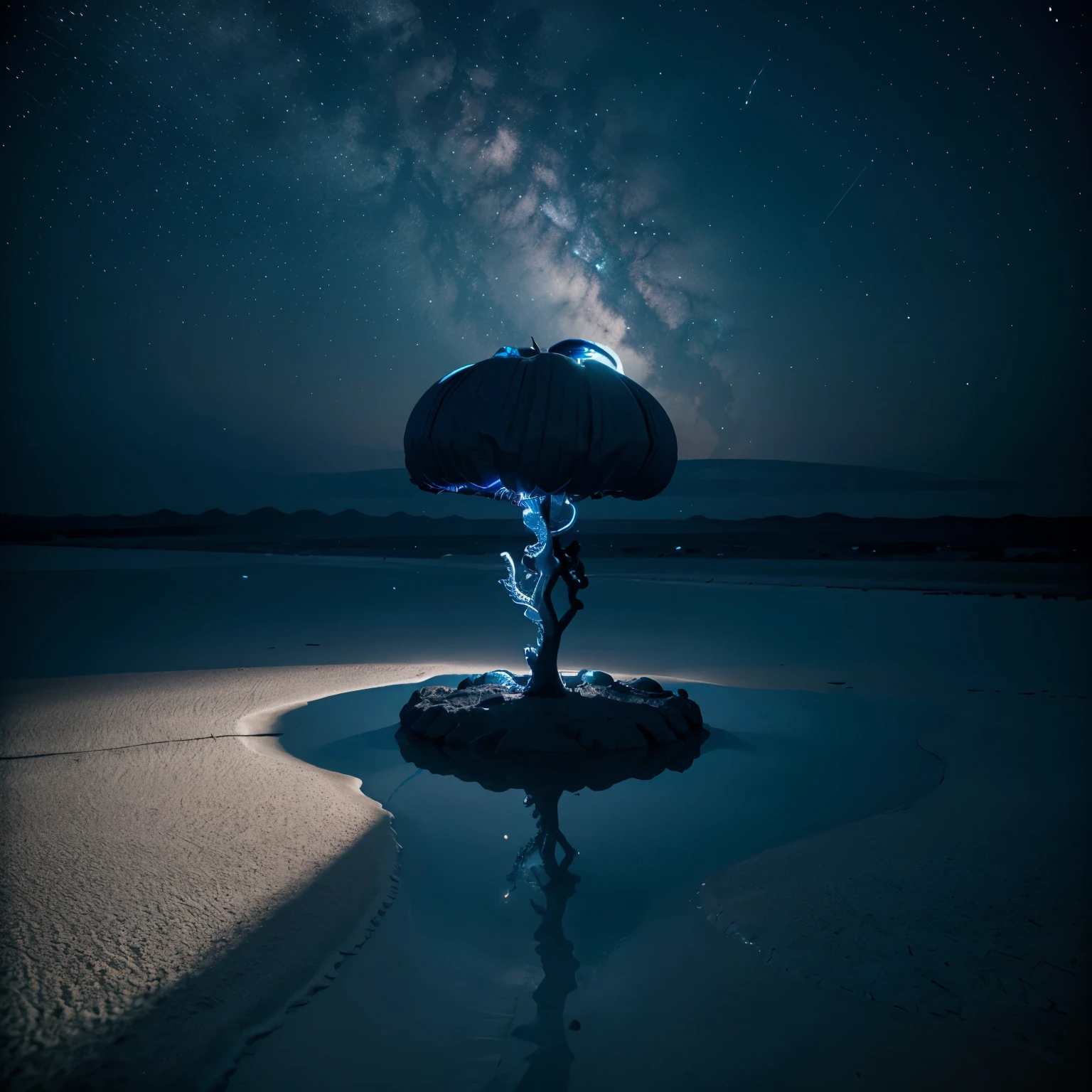 Medusas azules brillando flotando en un desierto por la noche
