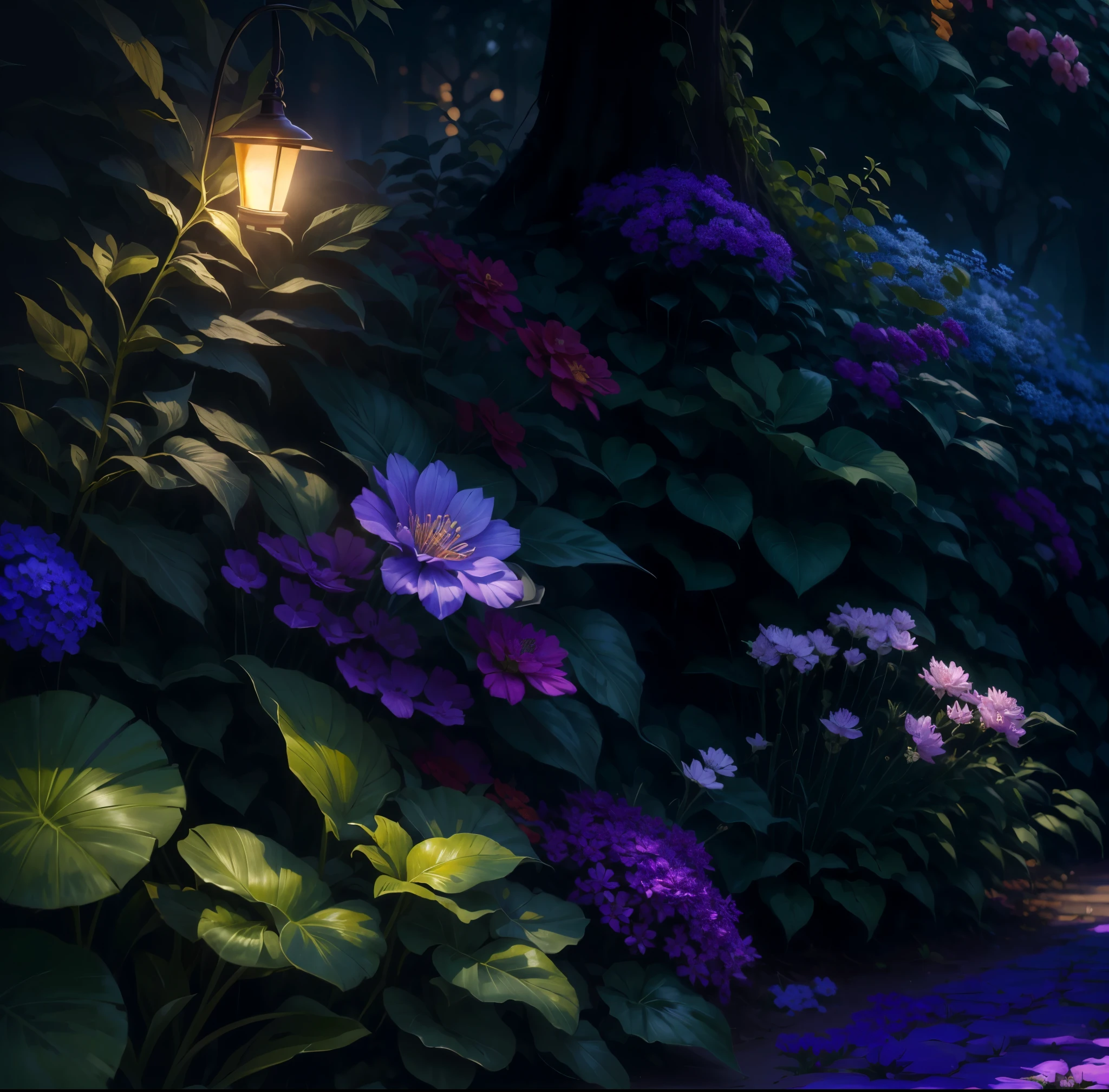 beautiful glowing flowers, light stand, vibrant colorful bush of wild flowers