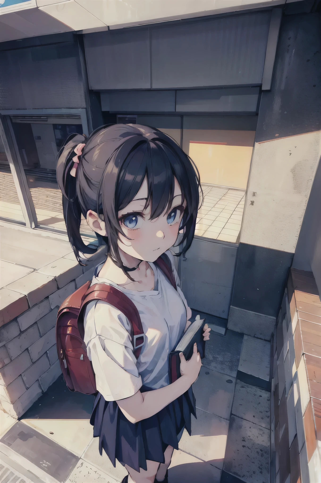 anime girl with a backpack and a book in her hand, standing in front of a store, realistic anime style, anime artstyle, in anime style, an anime girl, flat anime style shading, young anime girl, anime visual of a cute girl, lofi girl, in japanese anime style,anime style 4 k, anime moe artstyle, anime style. 8k, realistic anime 3 d style, in anime style, in an anime style, digital anime illustration