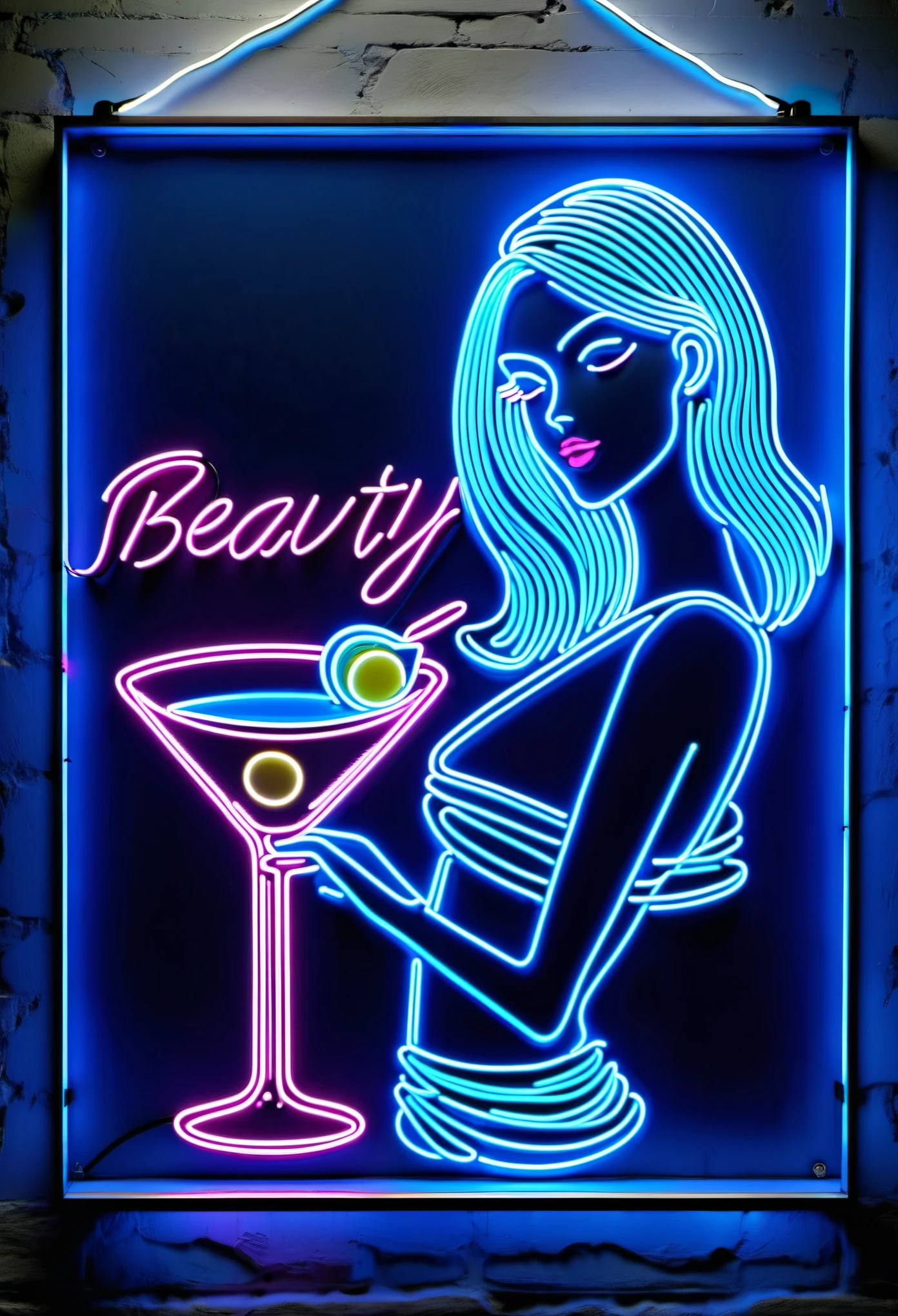{neon sign} blue/pink} neon illuminated advertising sign, (glowing neon cord in the form of a girl with a martini glass, (inscription "Beauty"),minimalism, (Alena Aenami style), correct drawing, correct details, single shot, intricate, unusual detailing, ((best quality)), ((masterpiece)) , ((realistic)), 8K, expressionism:1.2