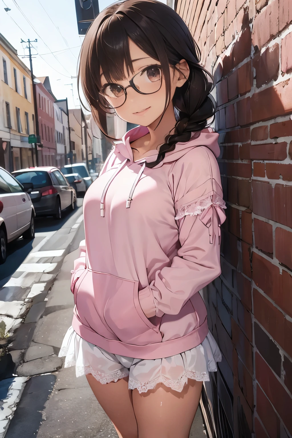 masterpiece, absurdres, best quality, extremely detailed eyes and face, natural skin texture, detailed skin, (perfect fingers, perfect hands), In front of a brick wall, 
BREAK
posing cute girl, full body, (dark brown hair, (long single braid), light brown eyes, droopy eyes), glasses, smile, large breasts, large buttocks, voluptuous, 
BREAK
(pink frilled hoodie, sleeves with white ribbons, lace frilled hem:1.2), (pink frilled short pants, lace frilled hem:1.2), (pink platform sneakers, white ribbon decorated)