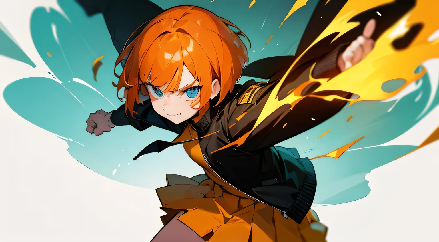 alone,bob cut, ,orange hair, blue eyes, Flame in the eyes, clenched fist, smug face, green skirt,floating,black jacket, yellow sweater, open jacket,School,best image quality,masterpiece,highest quality