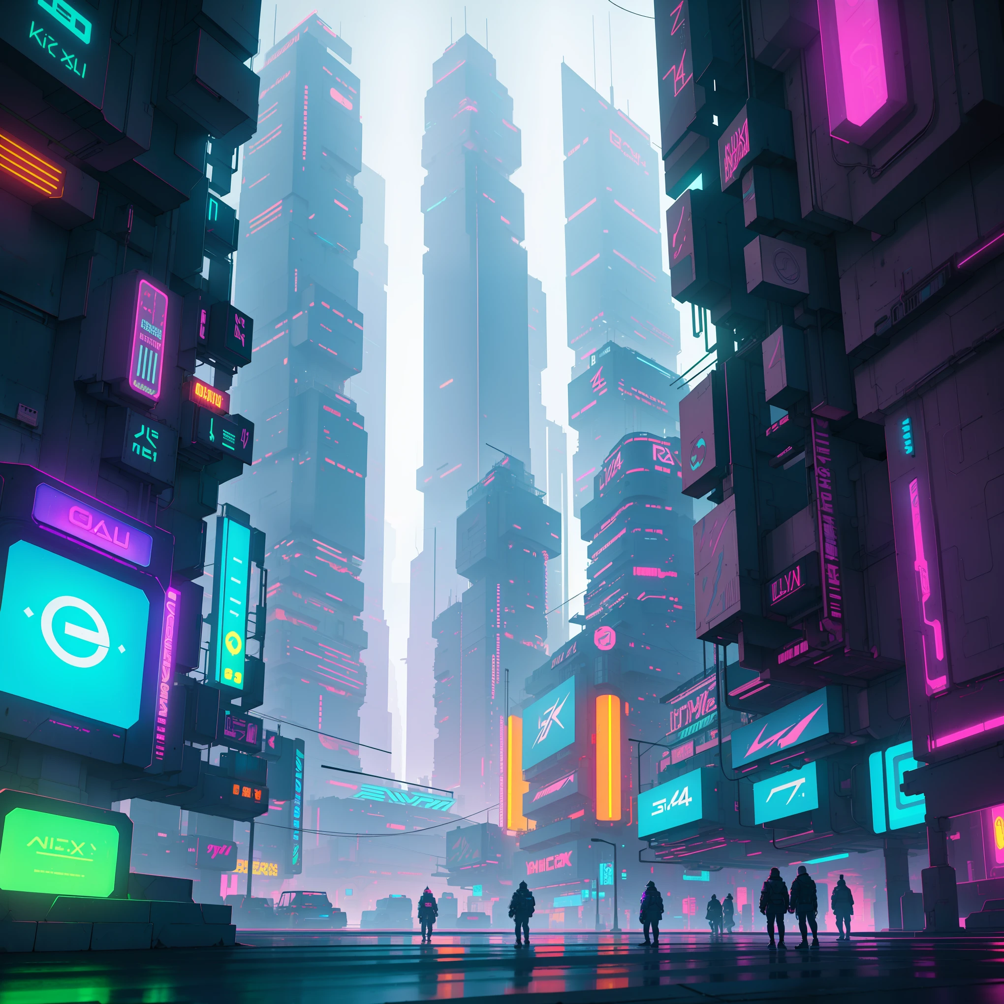  Cyberpunk cityscape, neon lights, futuristic architecture, symmetrical structures, wide-angle lens, neon signs, bustling streets, intricate details, digital art, Unreal Engine, C4D, Blender, high-rise buildings, interplay of light and shadow, vivid colors, studio lighting, ultra-detailed, HDR, professional, vibrant colors, bokeh