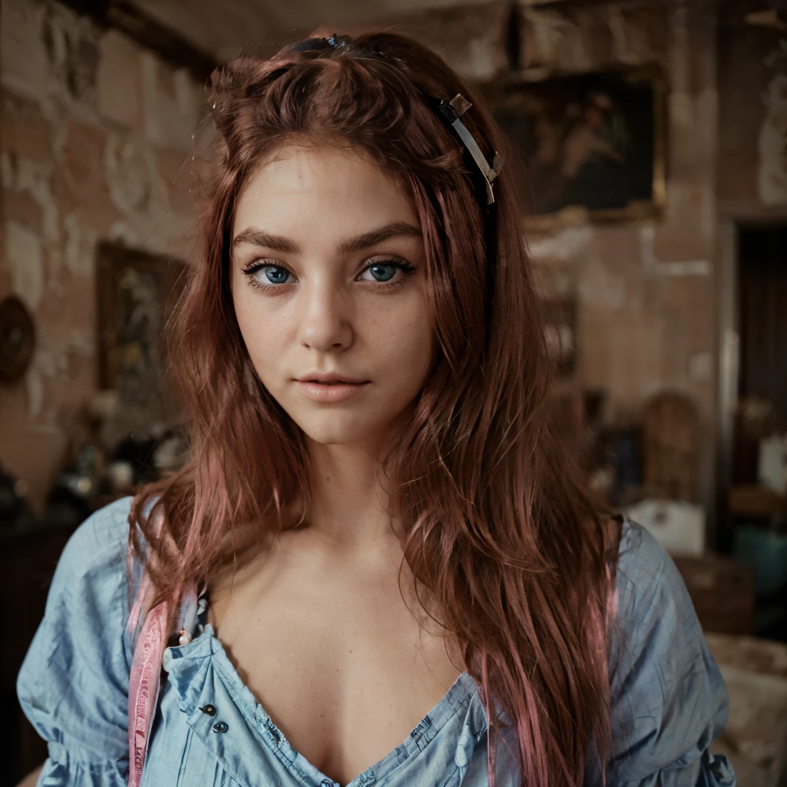 (Antique style, girly: 1.2, pink hair: 1.1, blue eyes: 1.1, big eyes)