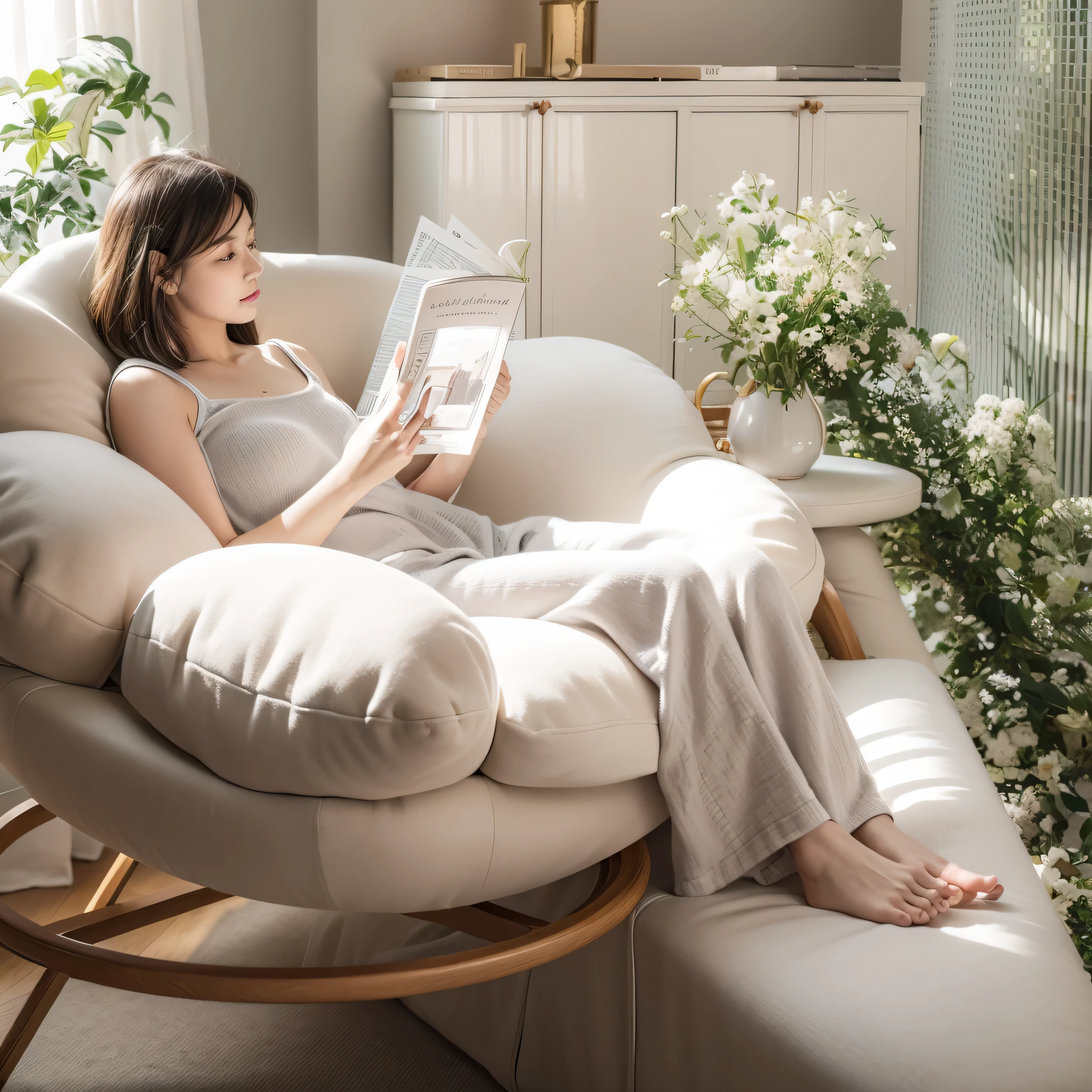 woman sitting in a chair reading a book in the living room, White chair，light gray chair，Relax on a modern sofa, in a comfortable chair, relaxing environment, placed in the living room, placed in a large living room, Designed for comfort and beauty!, surreal, hyper realistic rendering, hyper realistic rendering, real reality images, in the living room, portrait shooting, 舒適的White chair