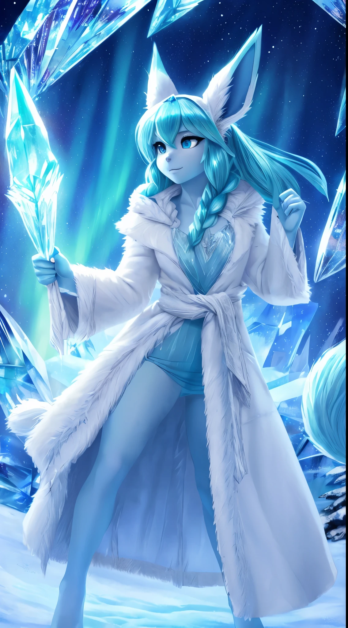 masterpiece, best quality, HD, ultra-detailed, vivid colors, Pokemon Glaceon, snow Evee, snow pokemon, icy pokemon, (furry:1.35), humanoid, humanization, anthropomorphic, on 2 legs, beautiful detailed eyes, frozen environment, icy blue color palette, ((crystal-like fur)), long fluffy tail and ears, detailed crystal green hair color, beautiful bangs of hair, curly strands of hair, ((ice cloth, cloth with mantle, fur coat:1.25)), snowflakes floating around, dramatic pose, aurora borealis in the sky