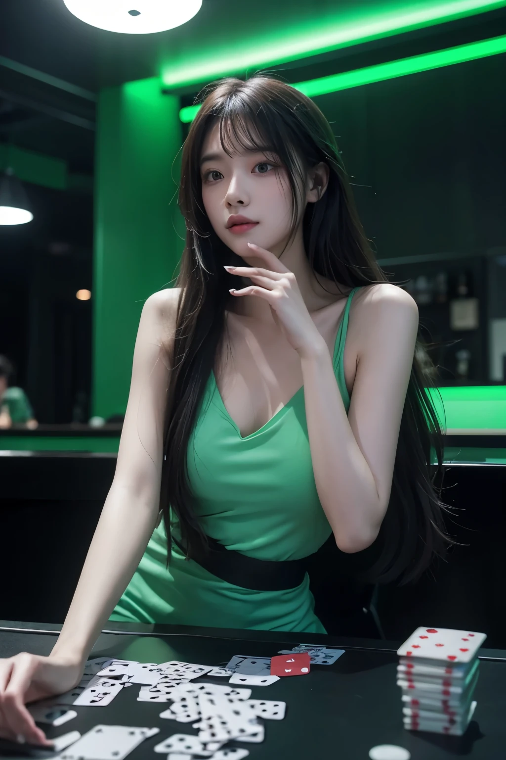 a long hair girl ,a line of many playing cards in gray rock and green neon, conrtneo, intricate details (vertically floating: 1,2) on a smooth black mirror surface, reflections, volumetric lighting, 8k uhd, ultra-sharp, ultra-detailed
