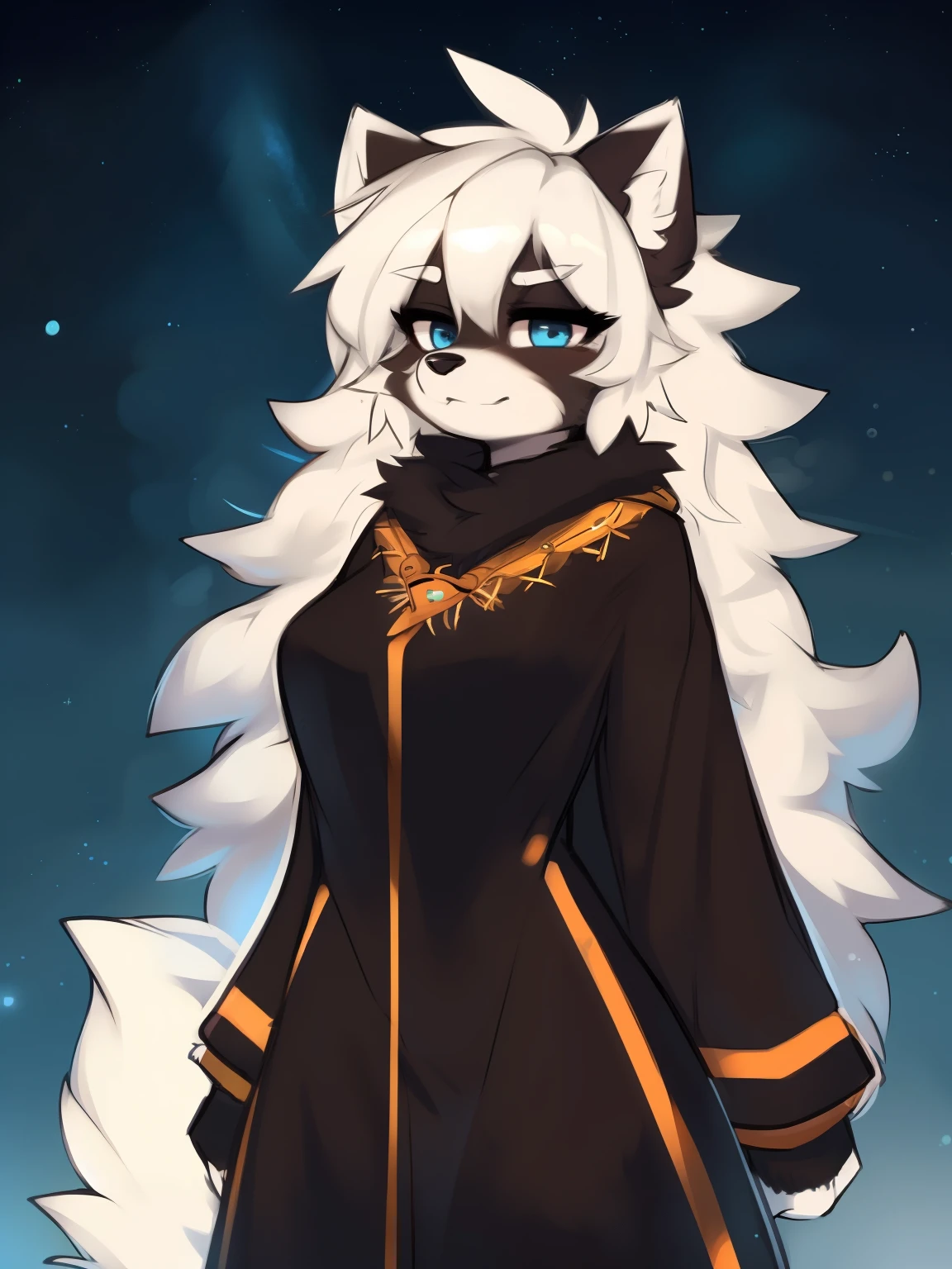 ((masterpiece, best quality)) by zackary911,zackary911, fluff-kevlar, by fluff-kevlar. raccoon anthro, female white fur. white hair. one character, blue eyes, furry female, female, fluffy fur, big fluffy tail, fluffy fur neck, long hair, black poncho, fluffy fur, full body. full height, serious face, night background