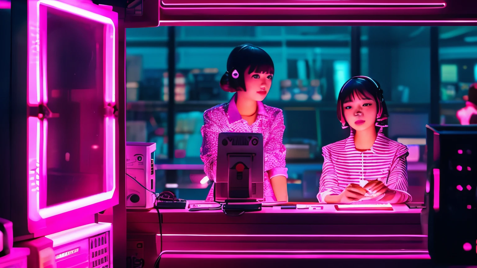 Girls are traders, pink theme, style anime, computer, living room, in the computer screen is chart stock night light , (very detailed:1.2), (warm light:1.2), masterpiece, surreal,32k, very detailedCG Unity 8K壁紙, highest quality (masterpiece,highest quality:1.5)