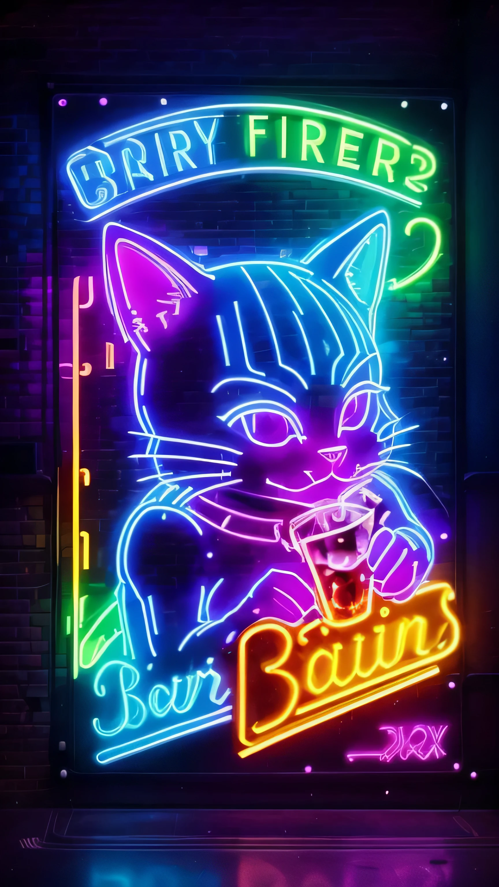 chat de bar: d shaped cat head&#39;Neon sign. Signe vibrant, Bay window of the lively bar, rue animée de la ville, vie nocturne urbaine, Couleurs vives, Energetic ambience, paysage urbain moderne, bright windows, vie nocturne animée, Lively crowd, Electrical power, une ambiance urbaine, bustling streets, Illuminated buildings, paysage urbain dynamique, lively activity, vie nocturne animée scene, ambiance vibrante et colorée, energetic nightlife, Glittering neon lights, rue animée de la villes, signes lumineux, nuit animée en ville, Dynamic urban scene, dazzling lights, vie nocturne animée de la ville, Modern metropolis. 