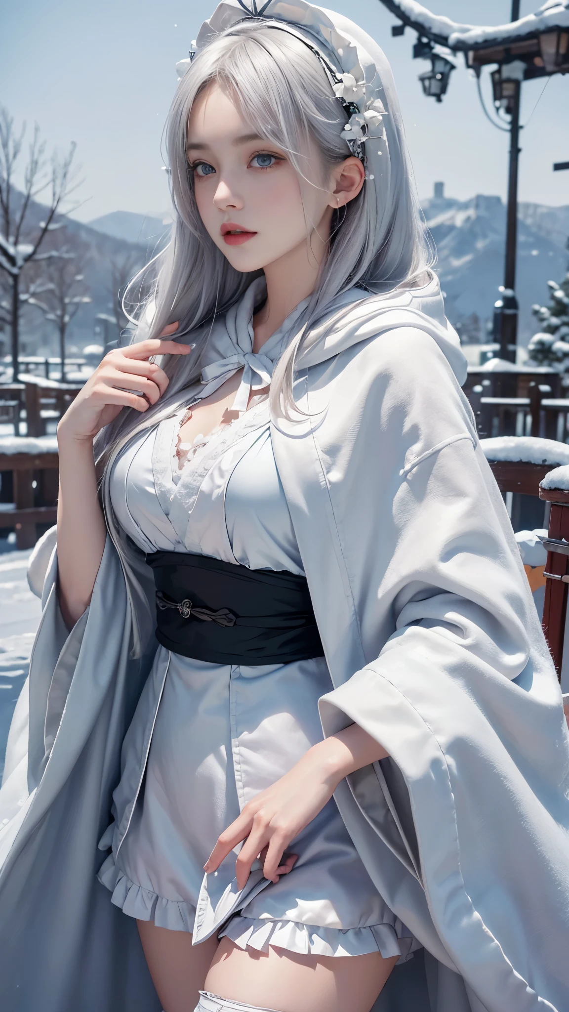 Photorealistic, high resolution, 1 Women, Solo, (Lolita costume)，Face the audience，The upper part of the body，Thighs Beautiful eyes, White hair, ringed eyes, (outside，Oyuki，Cloak，Cover with snow)，snowfield