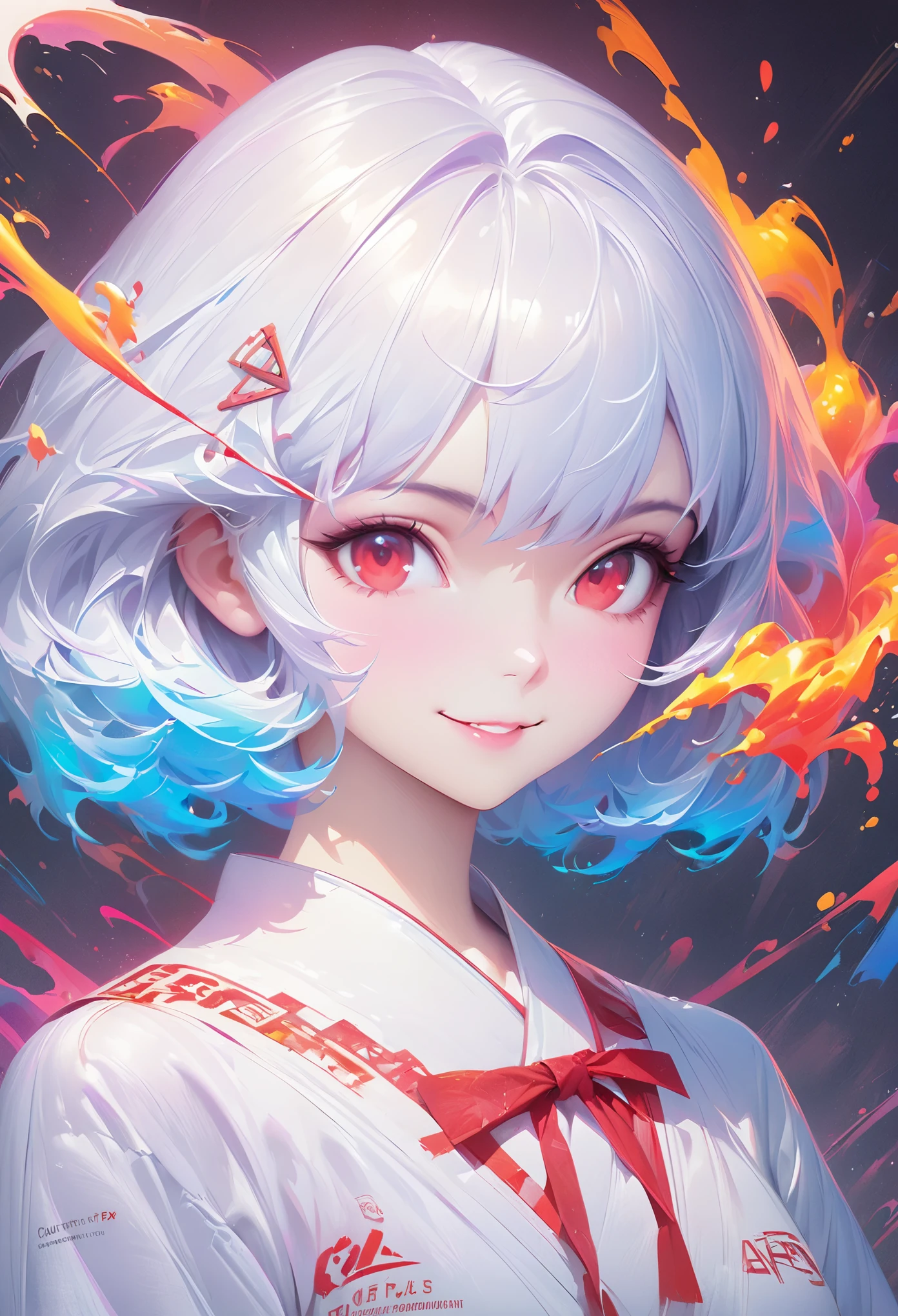 Masterpiece Portrait of Smiling Rei Ayanami (fox demon), Caustics, High resolution illustration, Red eyes, feminine, no students, blue hair, short hair, Japanese school, loafers, spook, Synthwave, paint splashs, Shadow flat illustration, The art of math, Popular topics on ArtStation, Very detailed, fine details, complex, splash, transcend, Auto parts, neon color