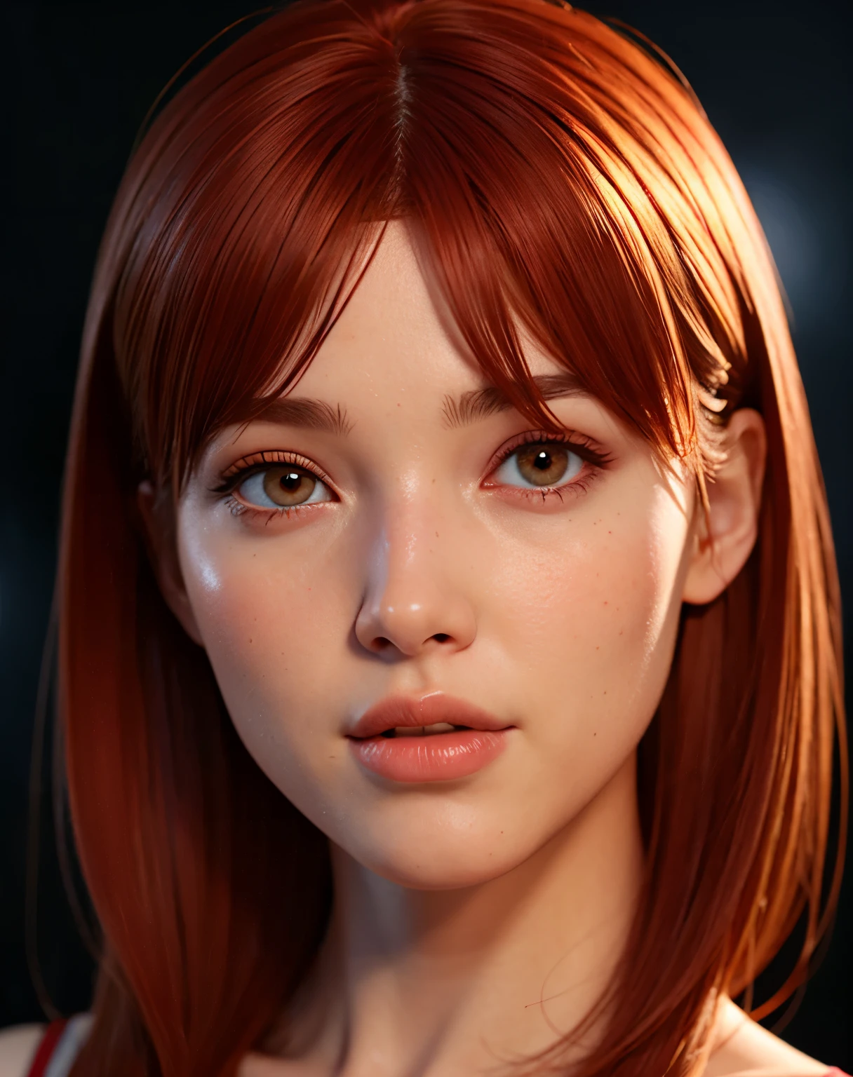 1 girl, star eye, blush, perfect lighting, redhead, red eyes, unreal engine, side light, detailed face, bangs, bright skin, simple background, dark background, 