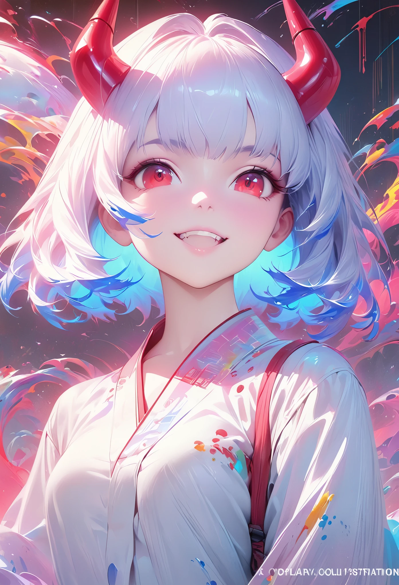 Masterpiece Portrait of Smiling Rei Ayanami (fox demon),  Caustics, High resolution illustration, Red eyes, feminine, no students, blue hair,  short hair, Japanese school, loafers, spook, Synthwave, paint splashs, Shadow flat illustration, The art of math, Popular topics on ArtStation, Very detailed, fine details, complex, splash, transcend, Auto parts, neon color