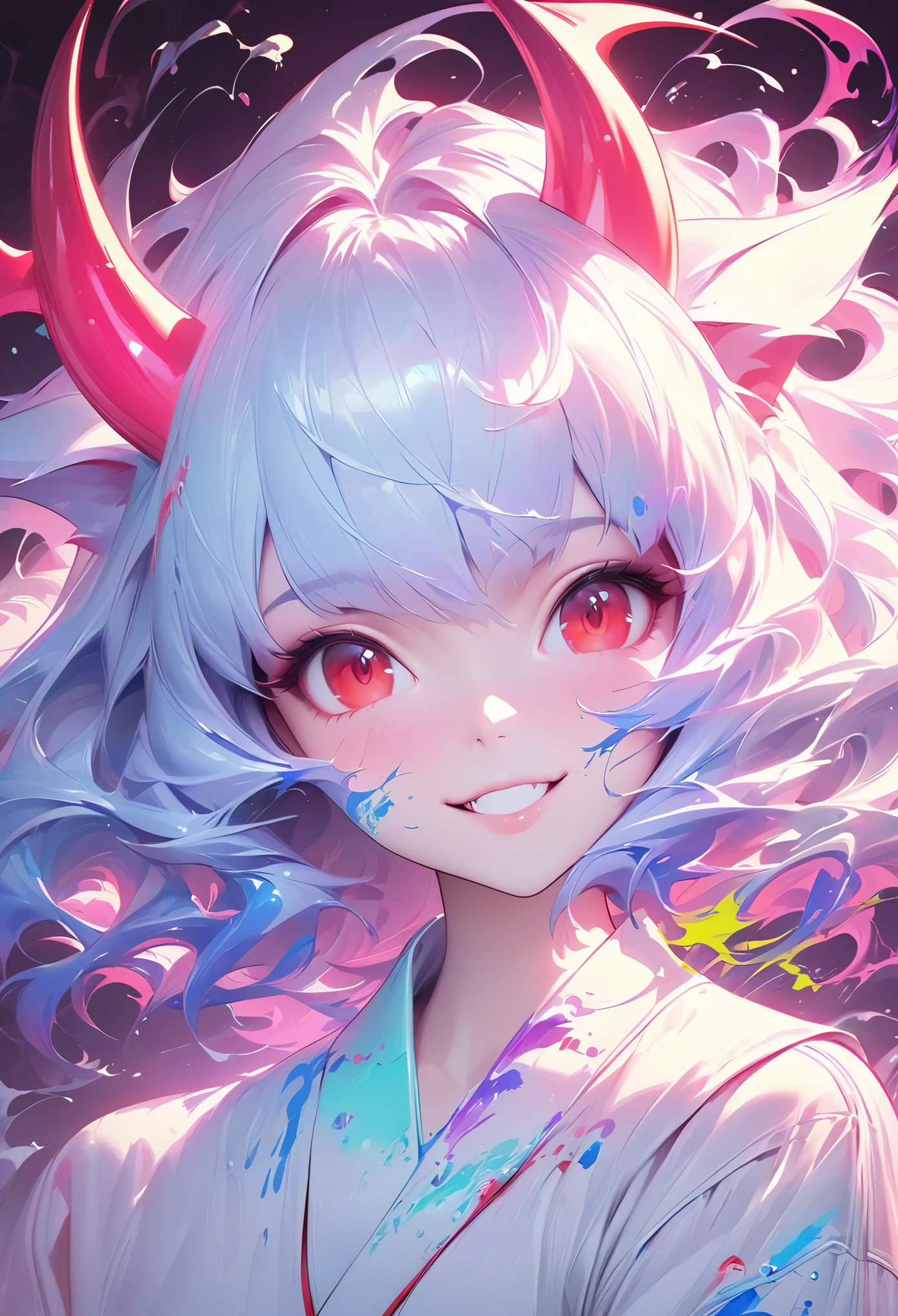 Masterpiece Portrait of Smiling Rei Ayanami (fox demon),  Caustics, High resolution illustration, Red eyes, feminine, no students, blue hair,  short hair, Japanese school, loafers, spook, Synthwave, paint splashs, Shadow flat illustration, The art of math, Popular topics on ArtStation, Very detailed, fine details, complex, splash, transcend, Auto parts, neon color