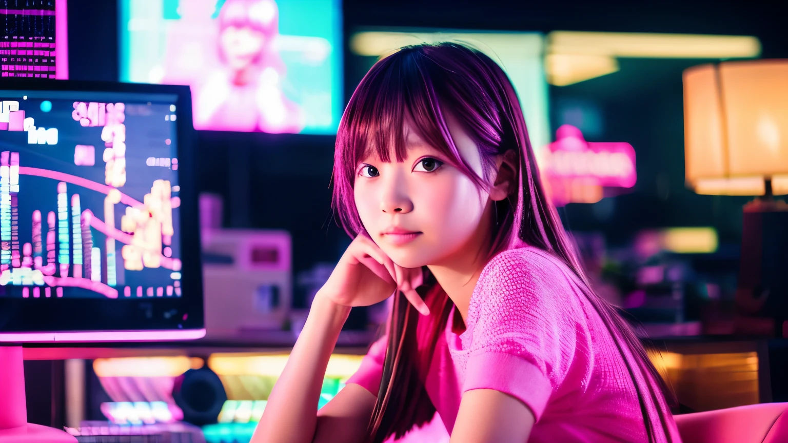 Girls are traders, pink theme, style anime, computer, living room, in the computer screen is chart stock night light , (very detailed:1.2), (warm light:1.2), masterpiece, surreal,32k, very detailedCG Unity 8K壁紙, highest quality  (masterpiece,highest quality:1.5)