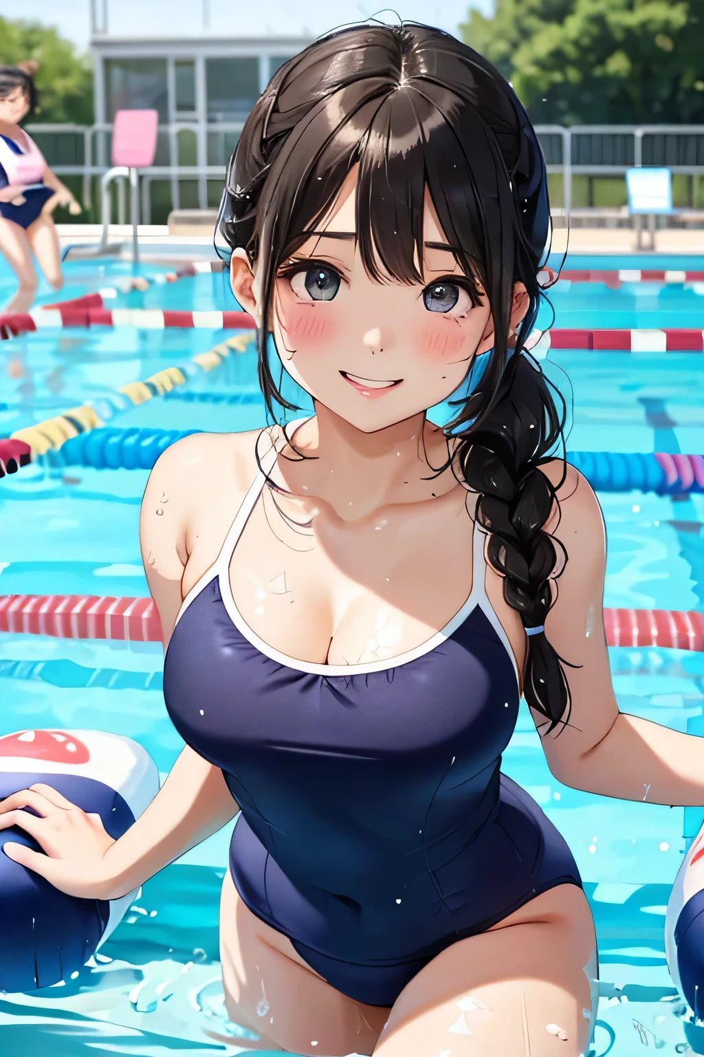 highest quality、High resolution、detailed background、masterpiece、cute10歳の美少女、(5 women)、navy blue school swimsuit、brown hair、black hair、braided ponytail、それぞれcute編み込みヘアスタイル、(huge breasts:1.1)、realistic images、perfect body line、thick thighs、show your whole body、detailed face、emphasize the chest、
(Five beautiful girls wearing school swimsuits are having fun at the school pool.:1.5)、
playfully splashing water on each other、happy look、smile、open your mouth and smile、smile、sexual expression、Swimsuits that glow when wet、the whole body is wet、Hair is also wet、cute