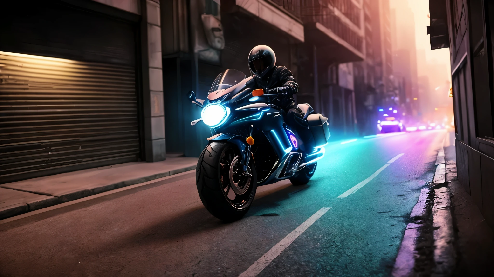 a man riding a motorcycle through the city at night, riding a futuristic motorcycle, sitting on a cyberpunk motorcycle, swaying motorcycle, futuristic diesel-punk street, motorcycle concept art, Akira-style action movie, anime art vehicle concept art, concept design art with cel-shading rendering, surreal cyberpunk style, digital painting. With high-quality, ultra-detailed (best quality, 4k, 8k, highres, masterpiece:1.2), ultra-realistic (photorealistic, photo-realistic:1.37) visuals, HDR, UHD, studio lighting, ultra-fine painting, sharp focus, physically-based rendering, extreme detail description, professional, vivid colors, bokeh lighting.