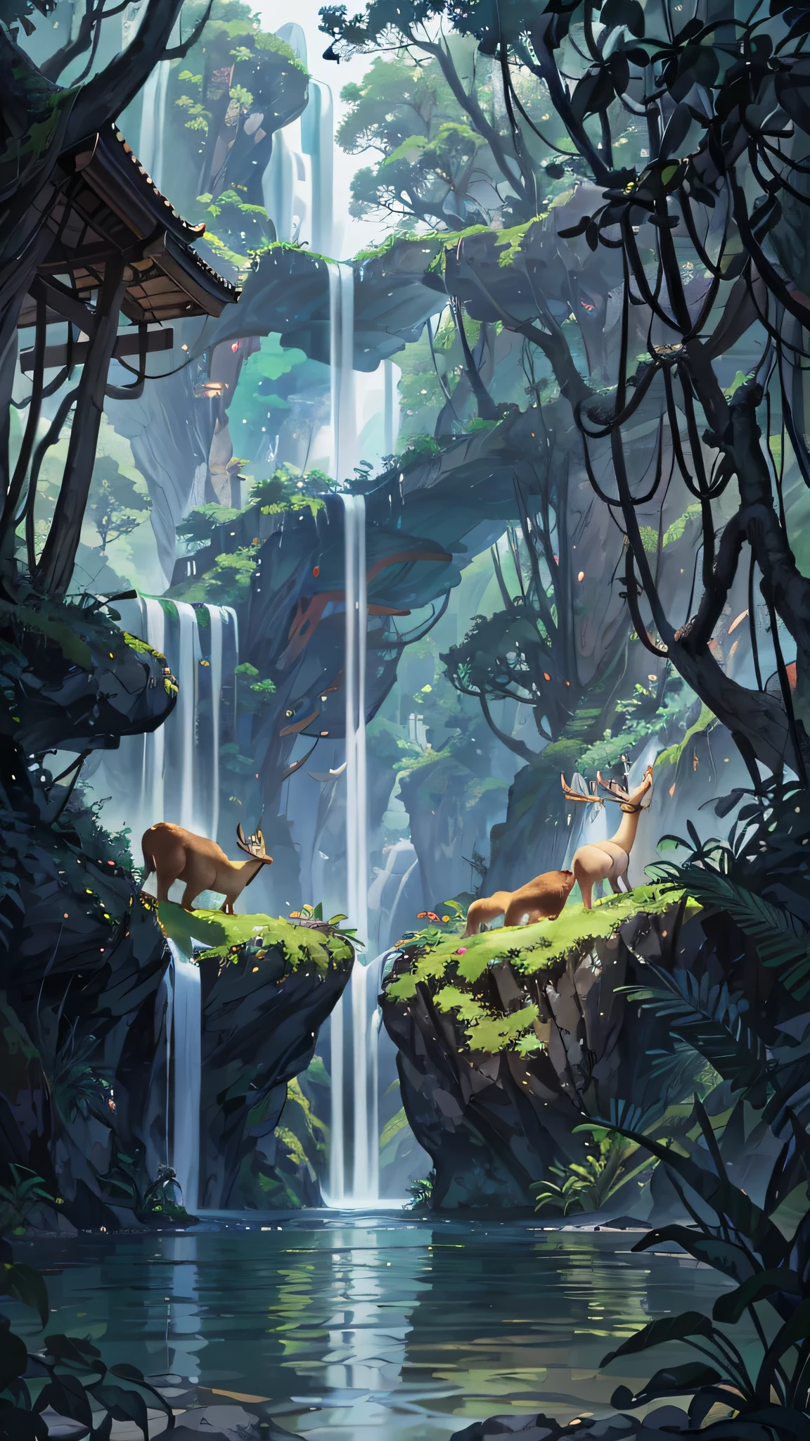 China, spring, jungle, lake, cave, fall, Tree, grassland, rock, deer, hot spring, water vapor, (illustration: 1.0), epic work, Realistic lighting, HD details, masterpiece, best quality, (Very detailed CG unified 8k wallpaper)