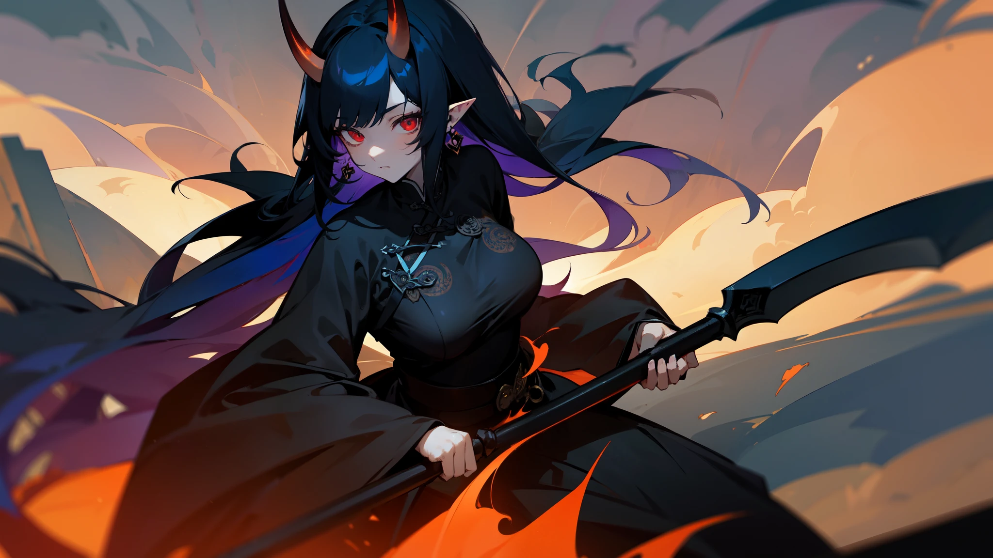 masterpiece, best quality, grabbing a black huge scythe, 1girl, Anime, 1girl, demon horn, long-side bangs, deep blue hair, long hair, straight hair, tied hair, demon eyes, red eyes, pale skin, pointy ear, black earring, black chinese dress, intricate golden motif, medium-sized breast, tall, enticing, calm, superior posture, night, dark, ruins, post-apocalypse, clouds, looking at viewer, solo, swirling dark energy around character, flames around character, dark lighting, close-up