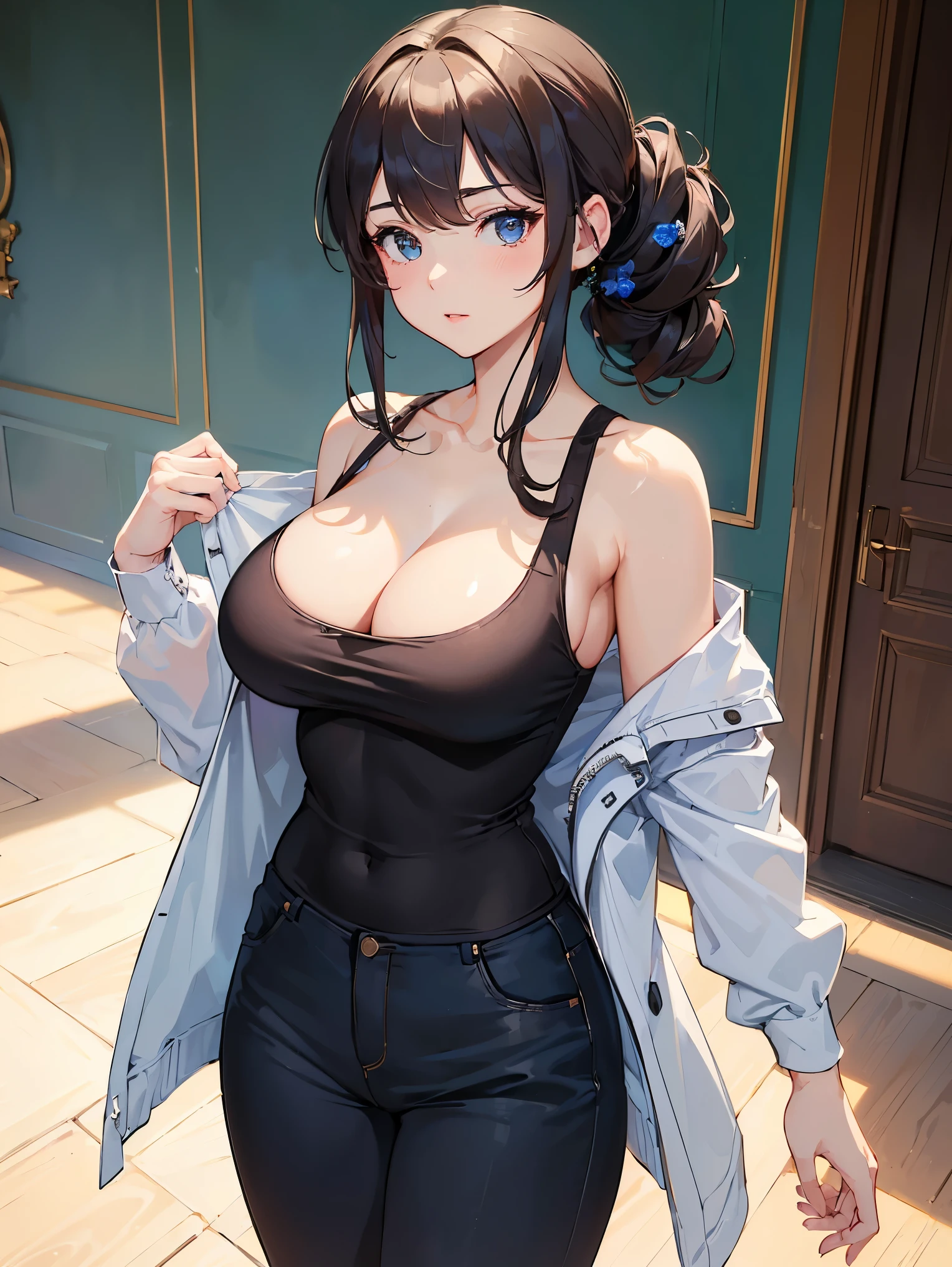 ((Best Quality, 8K, Masterpiece: 1.3)), 1 Girl, (Casual Hairstyle, Larger Breasts:1.2), Open V-Chest Shirt: 1.1, cleavage, Full, ultra-fine face, Fine eyes, Double eyelids, shy: 2, Home, looking at viewer,