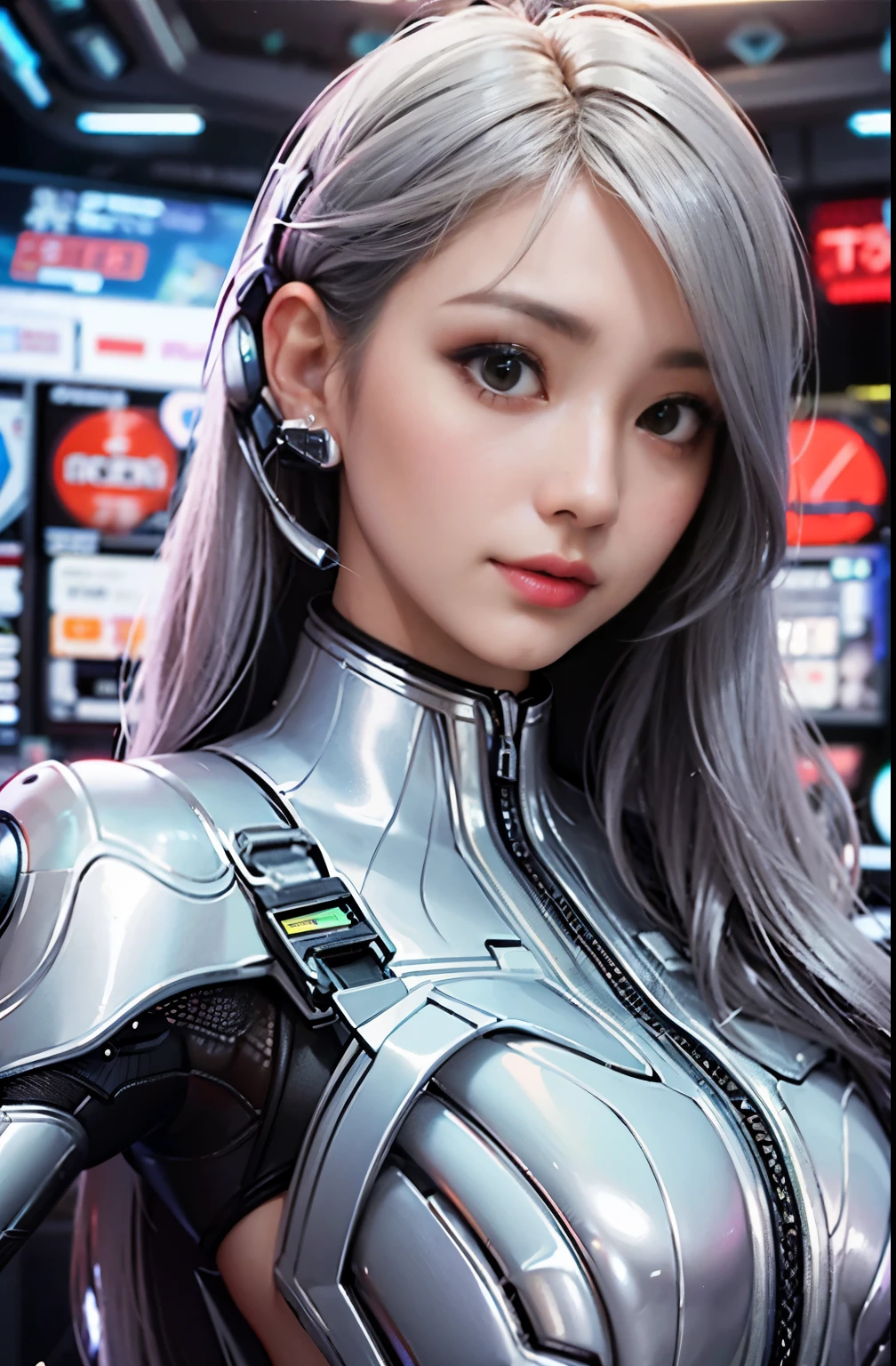 a close up of a woman in a futuristic suit in front of a bunch of monitors, portrait anime space cadet girl, perfect android girl, cyber suit, beautiful female android!, cyborg - girl with silver hair, beautiful android woman, diverse cybersuits, cute cyborg girl, beautiful female android, sci - fi character, cybersuits, scifi woman