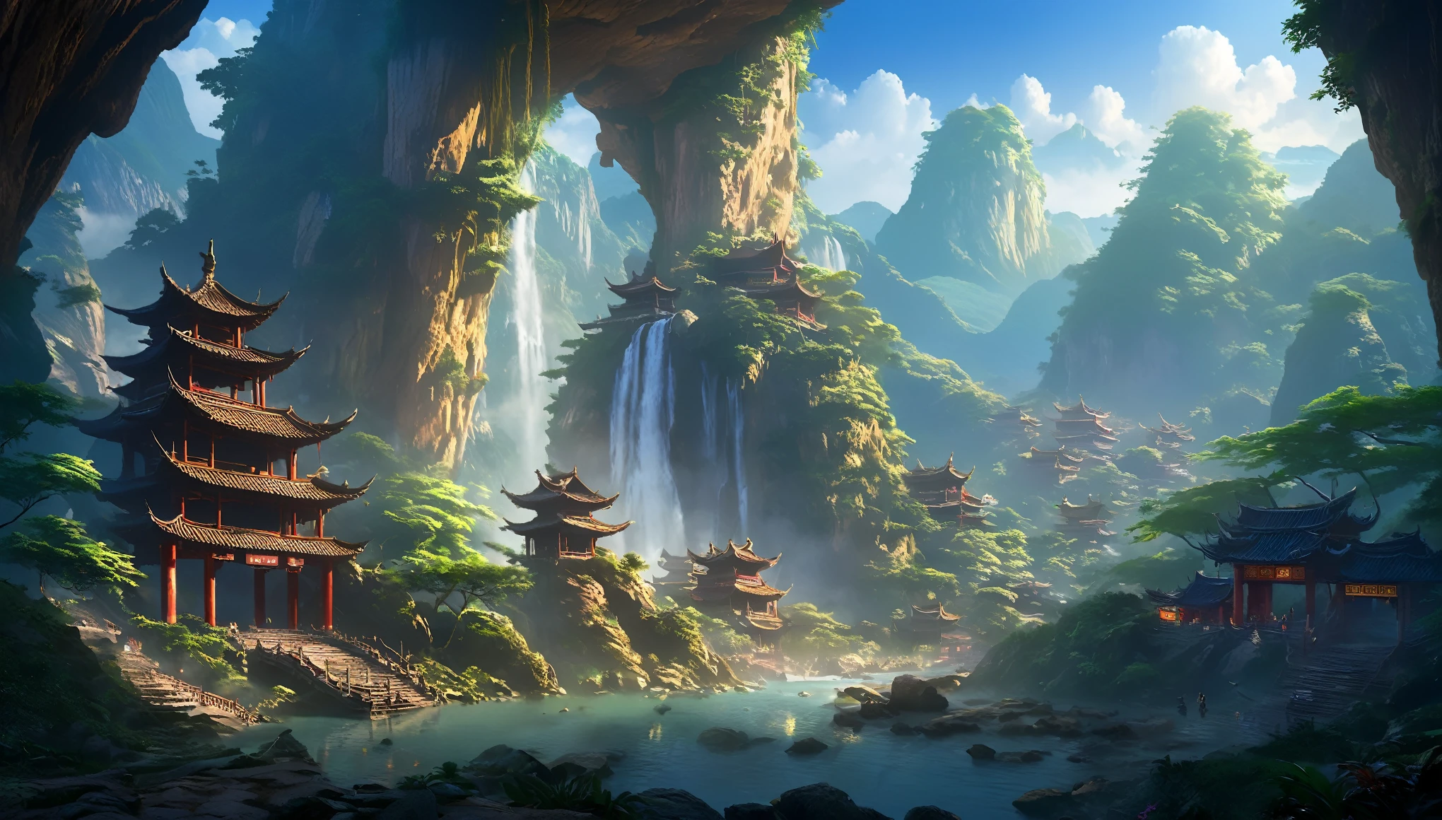 mountain view，There are waterfalls and pagodas in the middle, Scenes painted by Han Gan, CG Society Competition Winner, fantasy art, The foreground is looking out from the cave entrance，Dream China Town, Chinese landscape, Chinese fantasy, Made of trees and fantasy valley, ancient city landscape, Impressive fantasy scenery, The most epic scenery,, mountain jungle environment, avatar scenery, china village.Don't go to the river