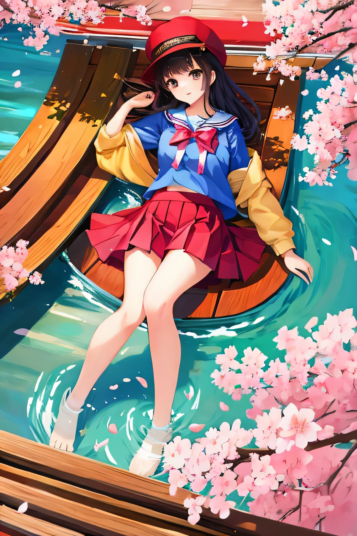 ((highest quality)), ((masterpiece)), (become familiar with), cute high school girl、mini skirt、perfect face、cherry blossoms、Put your feet in the river