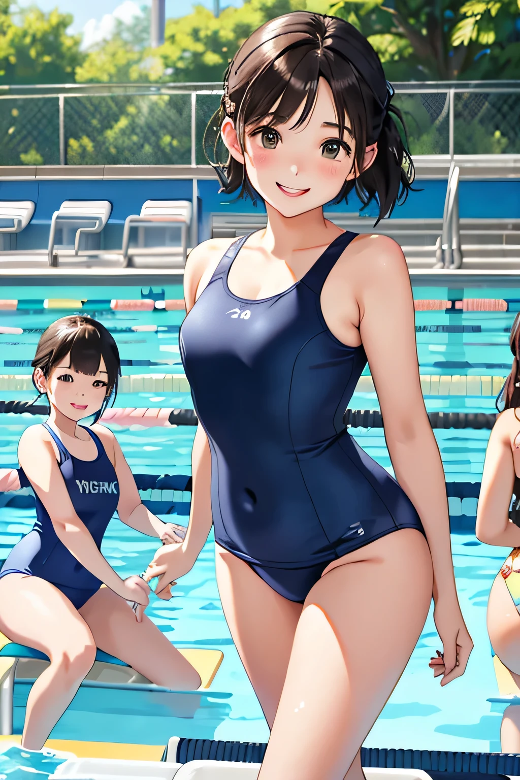 highest quality、High resolution、detailed background、masterpiece、cute10歳の美少女、(three women:1.3)、navy blue school swimsuit、brown hair、bob cut、braided ponytail、それぞれcute編み込みヘアスタイル、realistic images、perfect body line、thick thighs、show your whole body、detailed face、
(Five beautiful girls wearing school swimsuits are having fun at the school pool.:1.5)、
playfully splashing water on each other、happy look、smile、open your mouth and smile、smile、Swimsuits that glow when wet、the whole body is wet、Hair is also wet、cute