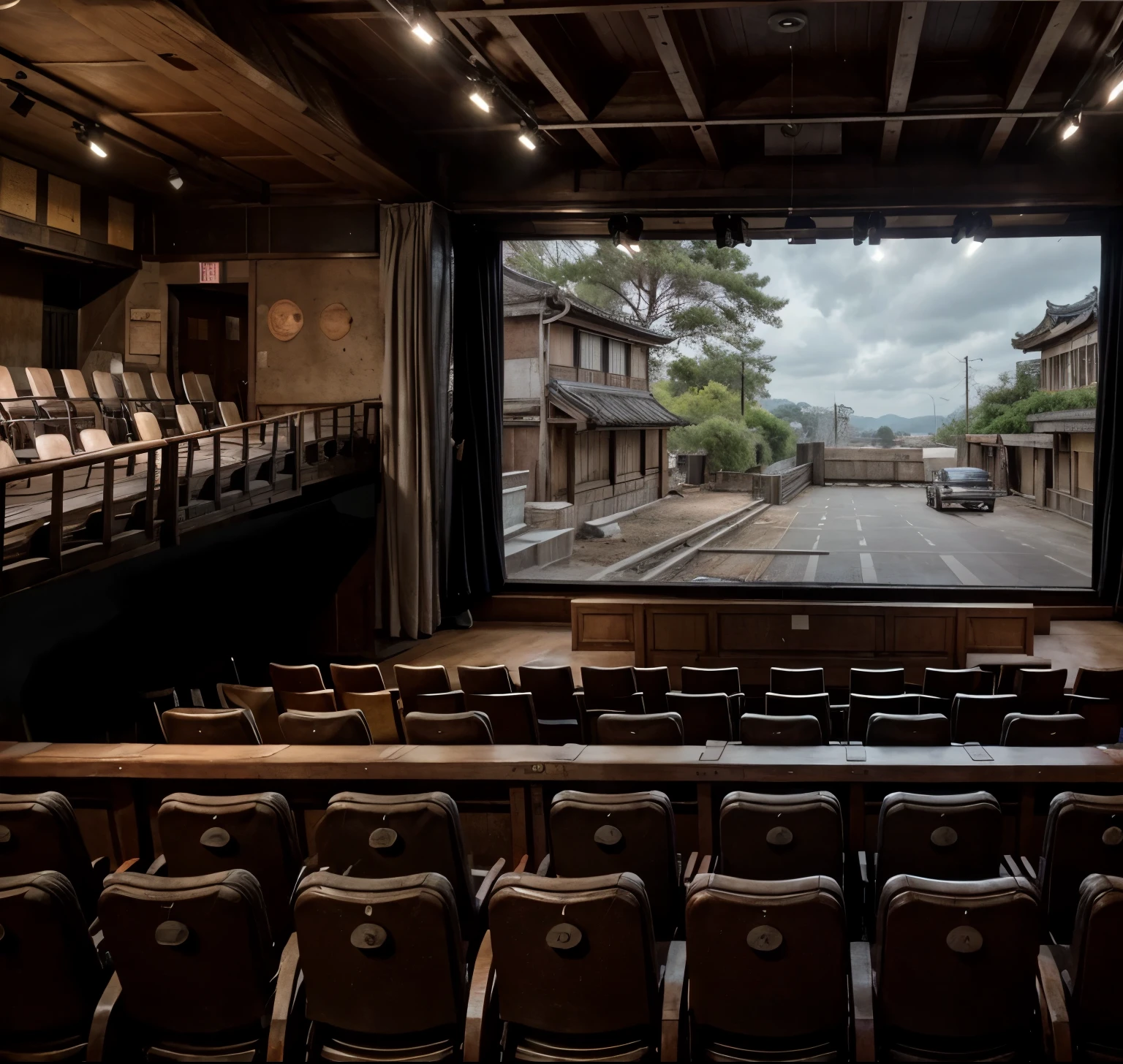 In a 1950s Taiwanese movie theater, deserted and silent, stands a tall two-story structure with a towering screen projecting black and white films (the only source of light in the room). On the second floor, rows of chairs neatly arranged (crafted from traditional Taiwanese cypress long benches) face the screen. To the left, two doors line the aisle. The scene evokes memories of the architectural heritage of Lukang Old Street. The theater features traditional Minnan-style cement window frames and a combination of cement and wood. This illustration captures the authenticity of the era, showcasing intricate details such as the wooden beams supporting the traditional ceiling. It should emulate the vibrant colors and rich textures of color film photography, depicting the 1950s cinema experience with maximum realism and attention to detail.