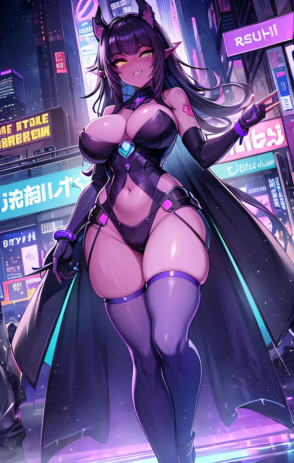 (Mejor calidad,4k,high resolution,obra maestra:1.2),ultra detallado,realista,paisaje urbano ciberpunk,bright neon lights,chica elfo con cabello morado vibrante,cyber eye enhancements,tatuajes en sus brazos, estilo de moda cyberpunk intrincado y adornado,close up photography,ojos expresivos,sonrisa juguetona,enchanted atmosphere,callejones oscuros,drones flotando,calles llenas de gente,movimiento borroso, rascacielos futuristas que dominan el horizonte, city bathed in blue and purple tones,Bright holographic ads,lluvia digital cayendo,vapor que se eleva de las rejillas,Reflection of neon lights on wet pavement