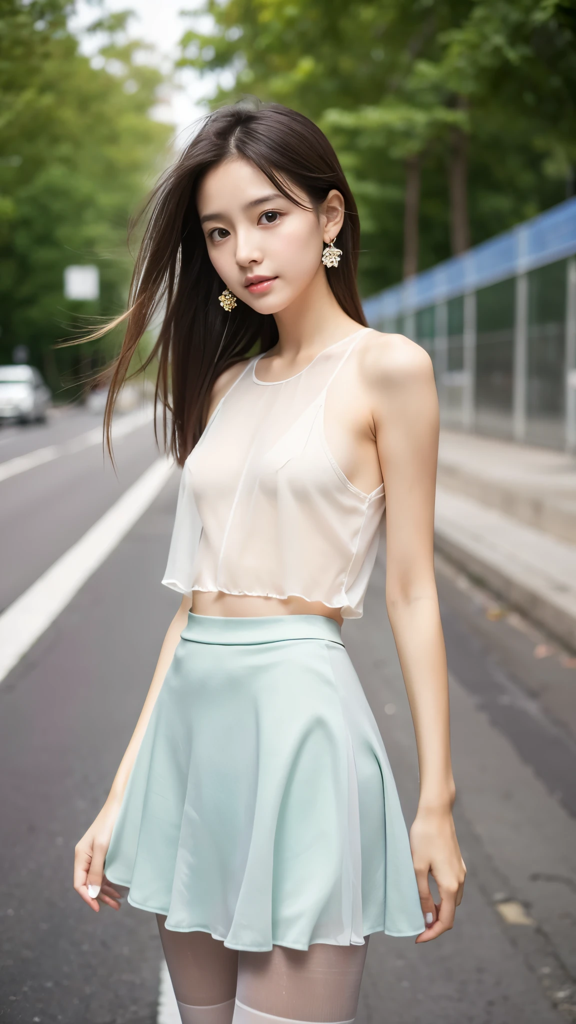 super clear resolution,young girl,shoulder length hair,earrings,clear eyes,Without makeup,lip gloss,delicate face,perfect face,Fair skin,perfect breasts,long slender legs,pantyhose,mini skirt,shoe,empty streets