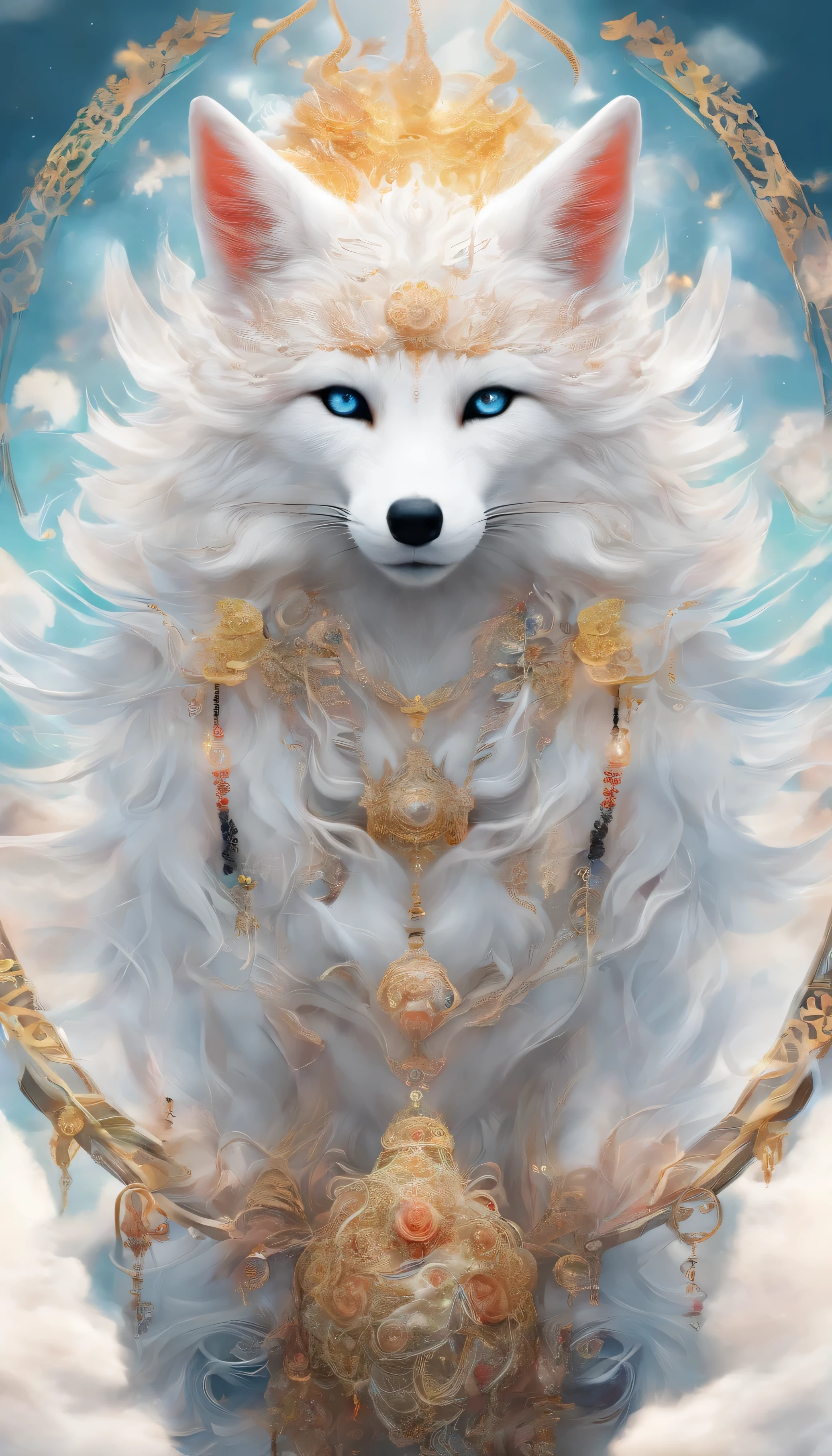 chinese mythology，giant white fox，thick clouds，（（（9 tailoring，moon，master piece，best image quality，super fine，super magical，super detailed，8K resolution，OC renderer，dynamic viewing angle , ((front view:1.4)), One animal,