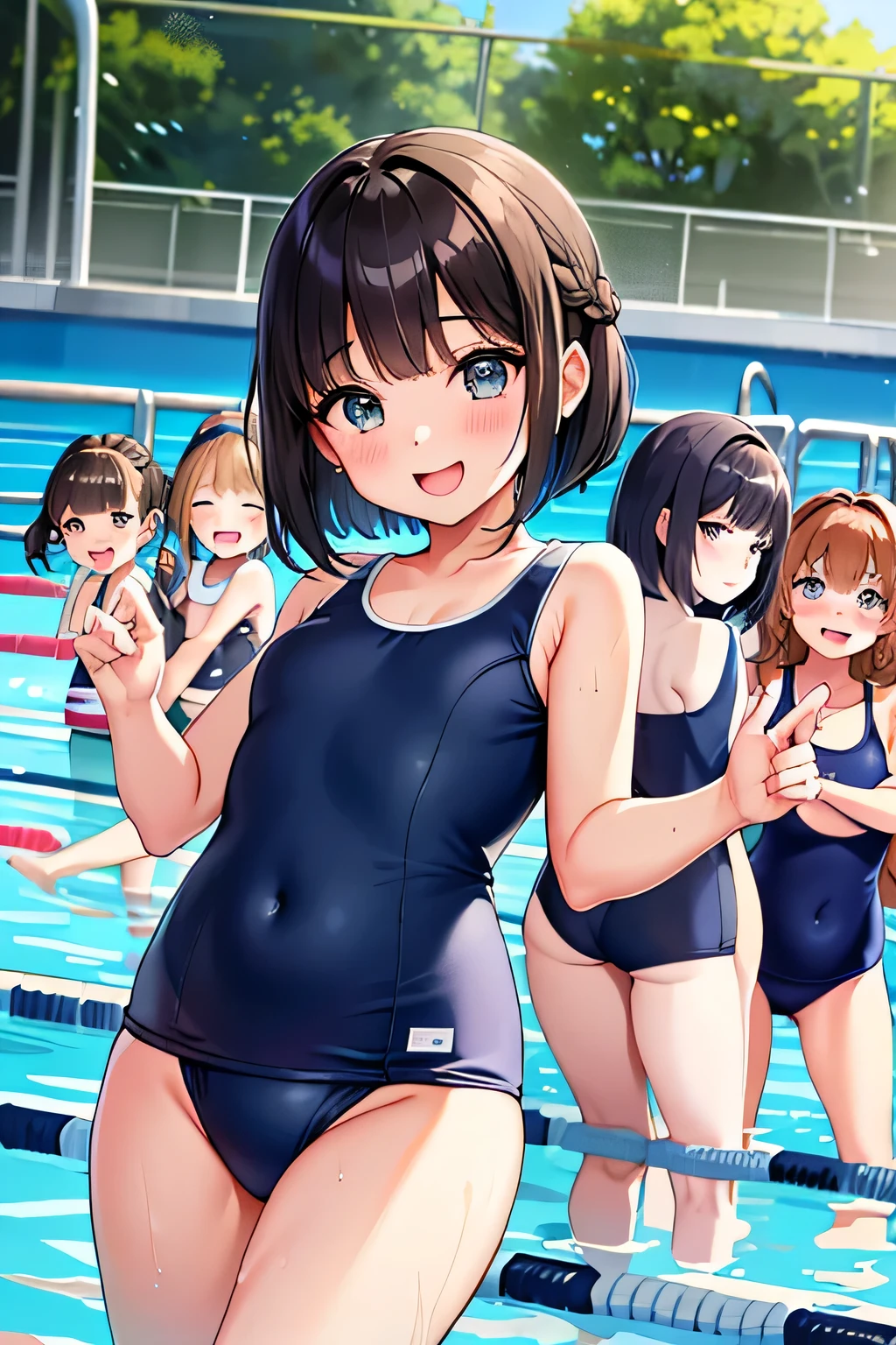 highest quality、High resolution、detailed background、masterpiece、cute10歳の美少女、(three women:1.3)、navy blue school swimsuit、brown hair、bob cut、braided ponytail、それぞれcute編み込みヘアスタイル、realistic images、perfect body line、thick thighs、show your whole body、detailed face、
(Five beautiful girls wearing school swimsuits are having fun at the school pool.:1.5)、
playfully splashing water on each other、happy look、smile、open your mouth and smile、smile、Swimsuits that glow when wet、the whole body is wet、Hair is also wet、cute