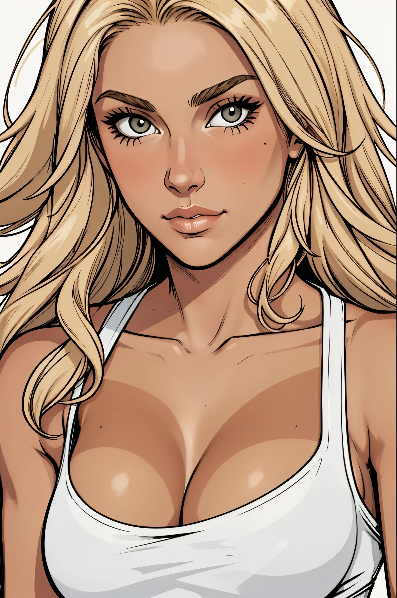 Flat colors, close up, portrait of a 25 year old surfer looking girl, tan skin, beach blonde salty hair, natural beaty, beautiful, casual, see thru tank top, Cleavage simply white background 