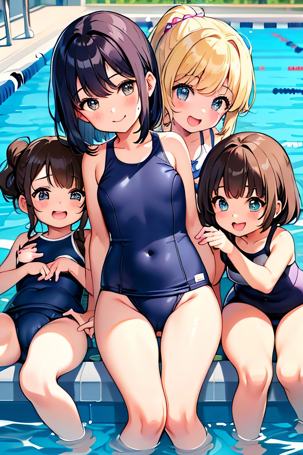 highest quality、High resolution、detailed background、masterpiece、cute10歳の美少女、(three women)、navy blue school swimsuit、brown hair、bob cut、braided ponytail、それぞれcute編み込みヘアスタイル、realistic images、perfect body line、thick thighs、detailed face、
(Three beautiful girls wearing school swimsuits are having fun at the school pool.:1.5)、
playfully splashing water on each other、happy look、smile、open your mouth and smile、smile、Swimsuits that glow when wet、the whole body is wet、Hair is also wet、cute