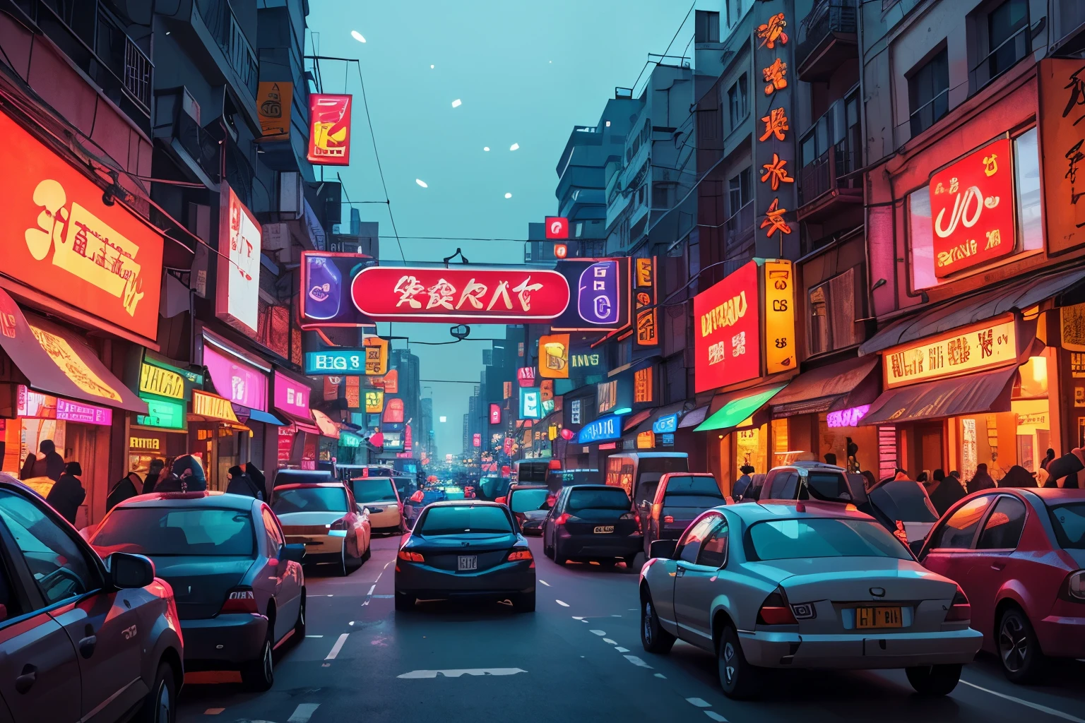 cars and taxis driving down a busy street at night, a picture by Emanuel Witz, pexels contest winner, digital art, neon lights everywhere, at night with neon lights, bright neon lights from the city, neon lights in the city below, neon lights all around, with neon signs, china town, neon lights above shops, city neon light